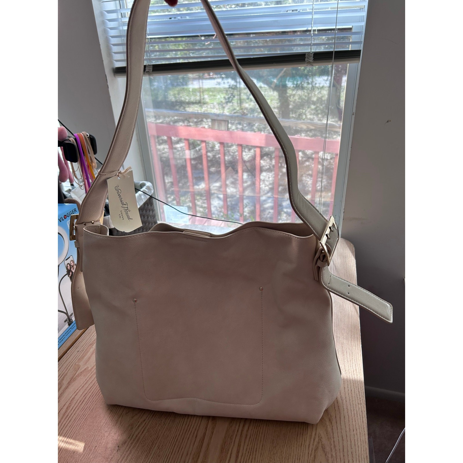 New Womens Universal Thread Faux Leather Look Handbag Purse Cream 15”x16” w/flaw