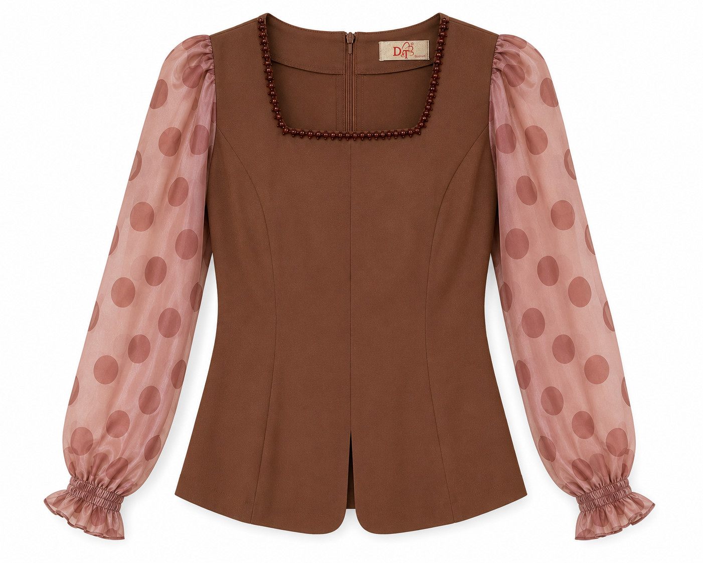 Brown Beaded Neck Blouse with Sheer Polka Dot Sleeves – Petite Size XL