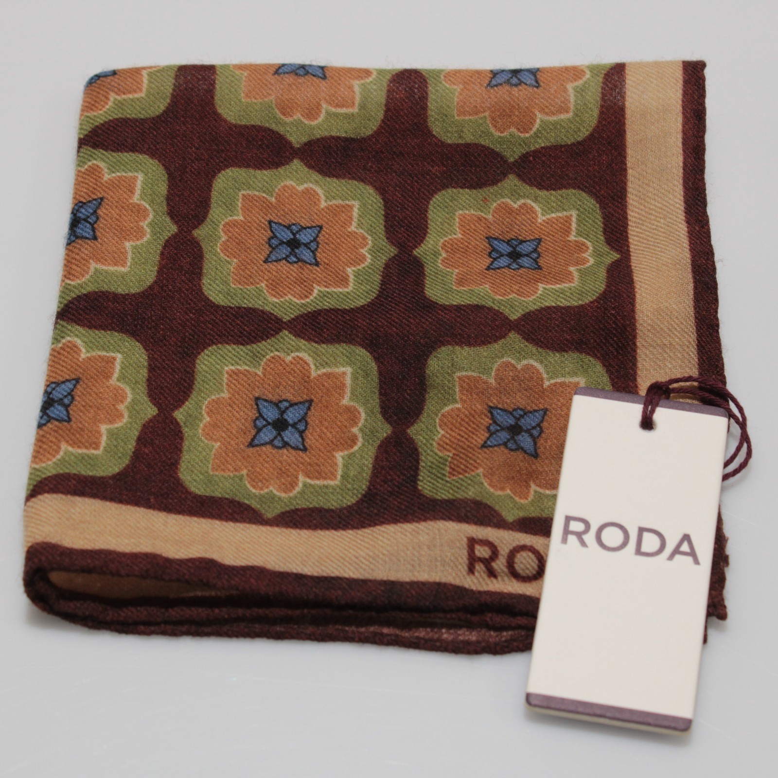Roda NWT 100% Wool Pocket Square Brown / Green / Orange / Blue Geometric Print