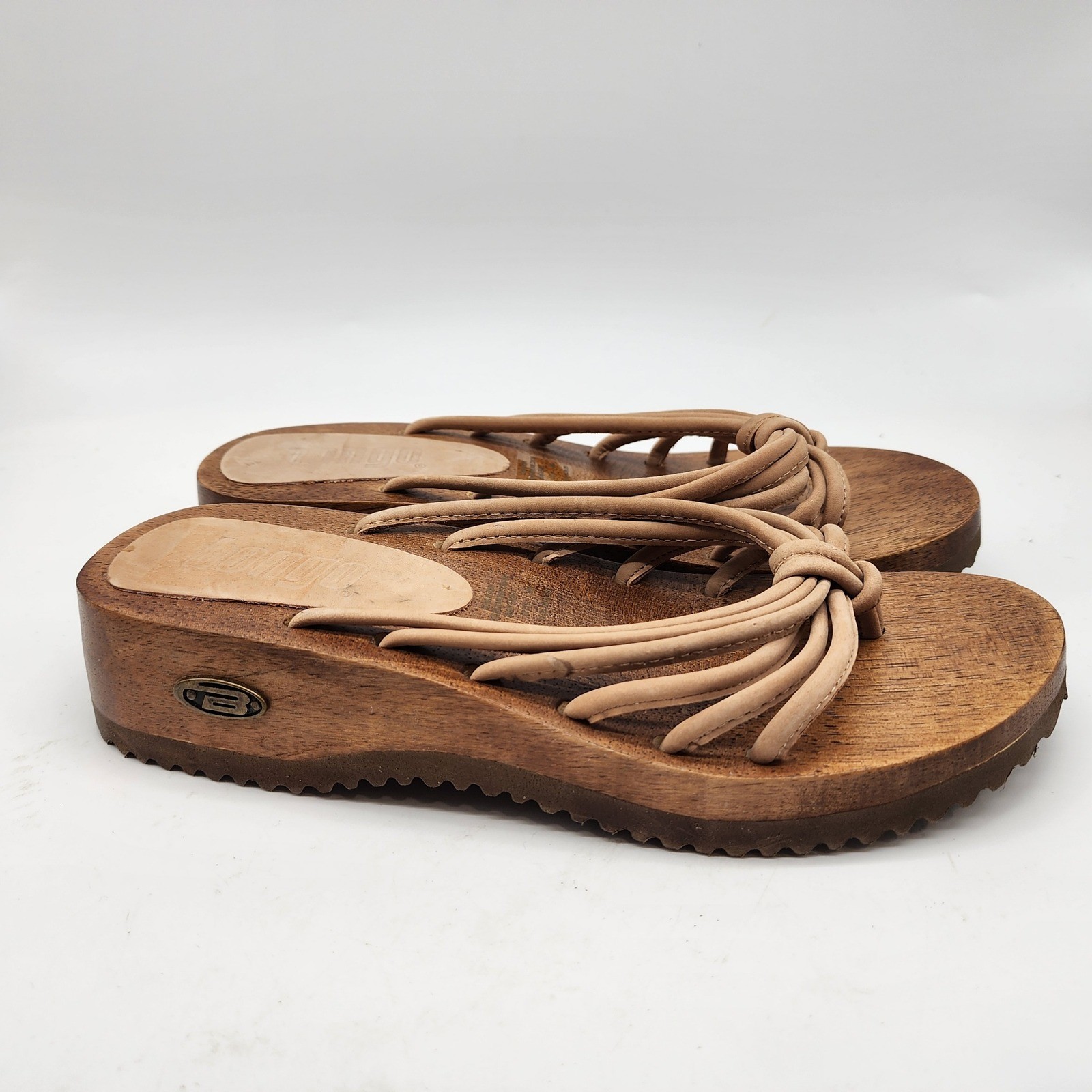 Bongo Vintage Y2K Wooden Platform Sandals Women’s 8M Tan Leather Strappy Wedge
