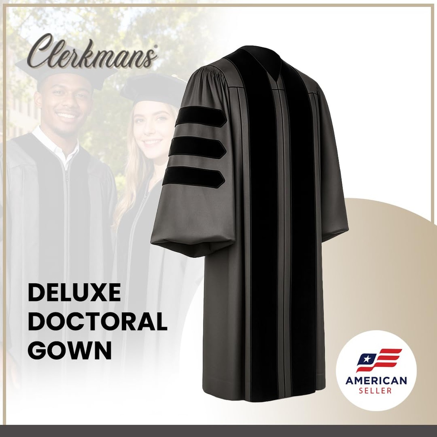 CLERKMANS Unisex Deluxe Doctoral PhD Graduation Gown – Doctorate Robe Black