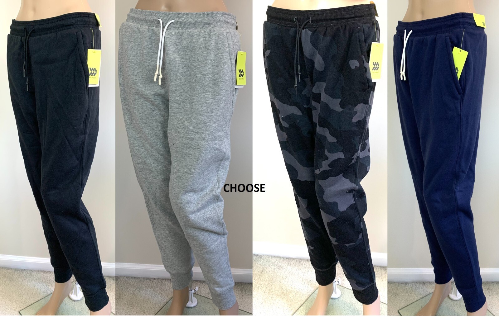 All in Motion Men’s Cotton Fleece jogger sweatpants in gray/black/navy or camo