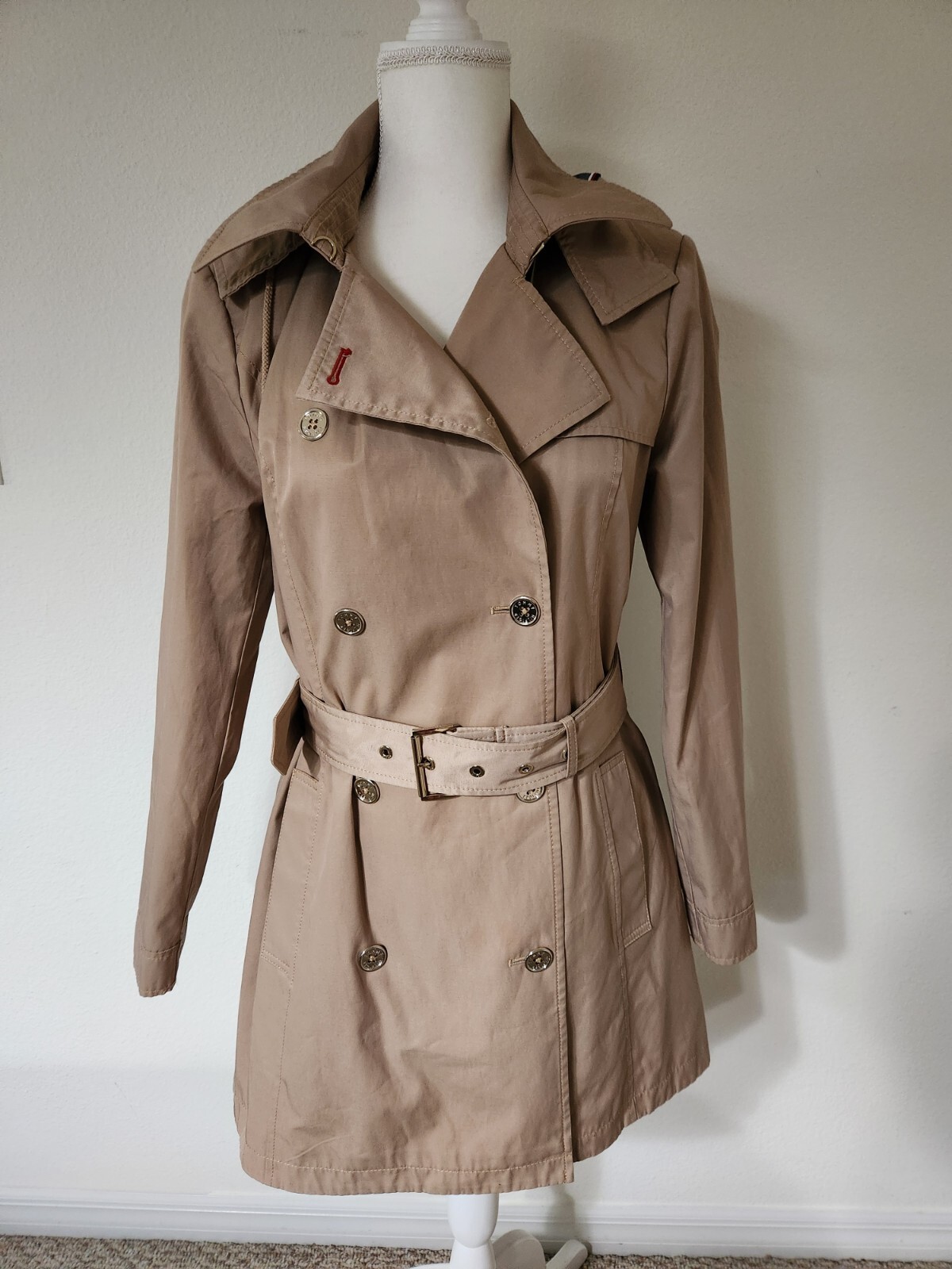 Tommy Hilfiger Double-Breasted Khaki Trench Coat Belt Hood Pockets Size Med EUC