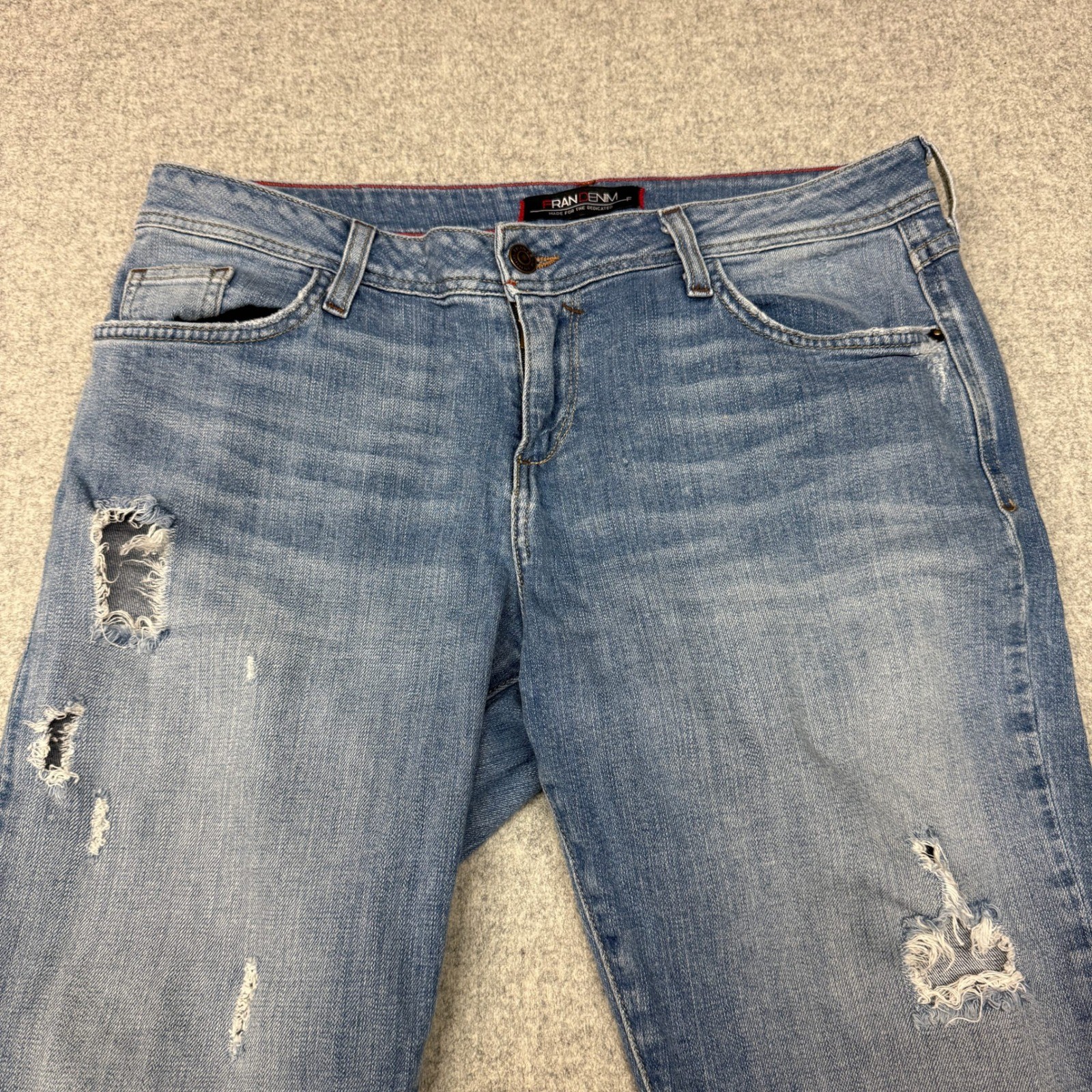 Fran Denim Eva Distressed Jeans 31 Blue Medium Wash Stretch Frayed Hem Low Rise