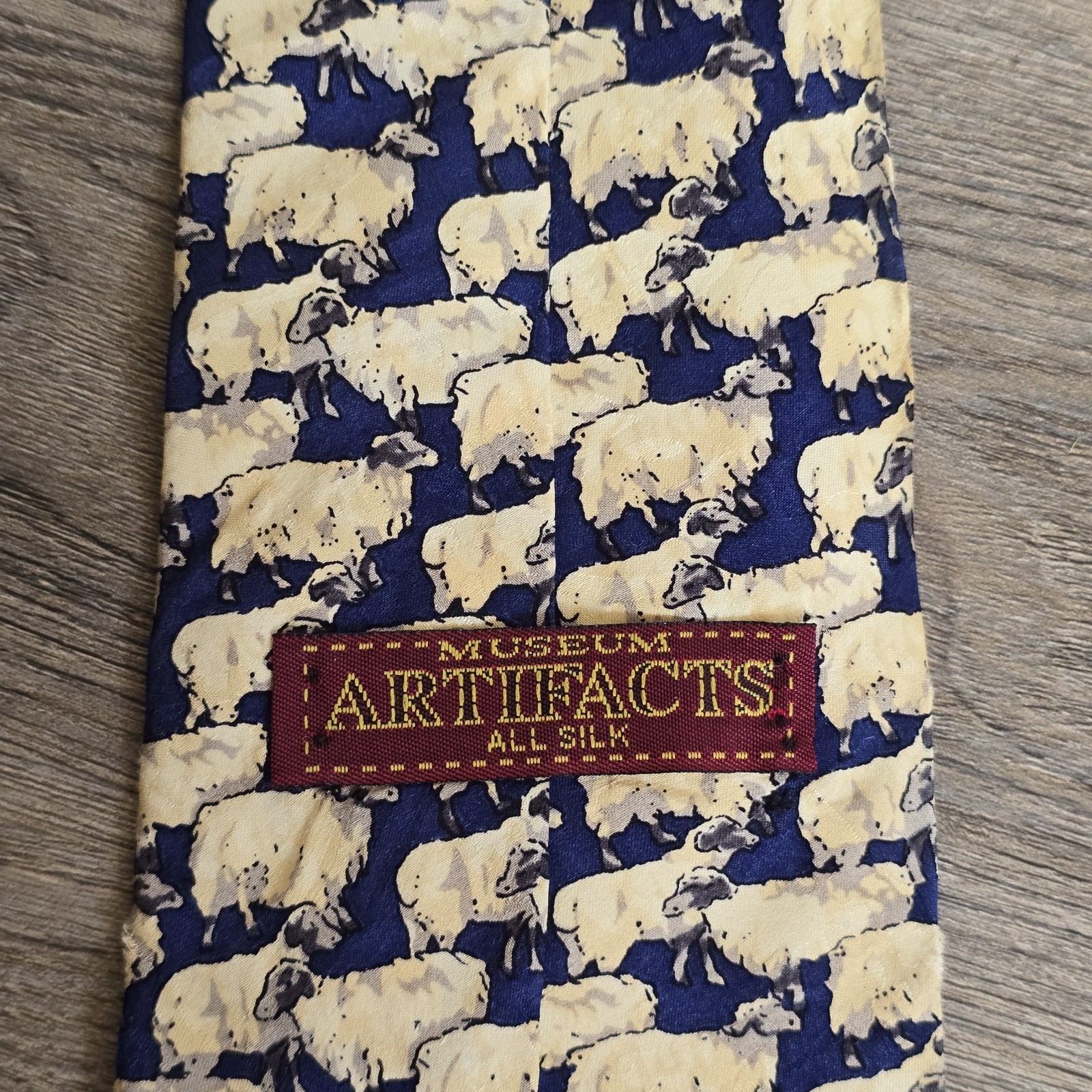 Museum Artifacts Silk Tie Mahogany Cream Flock Of Sheep Motif Necktie 58″