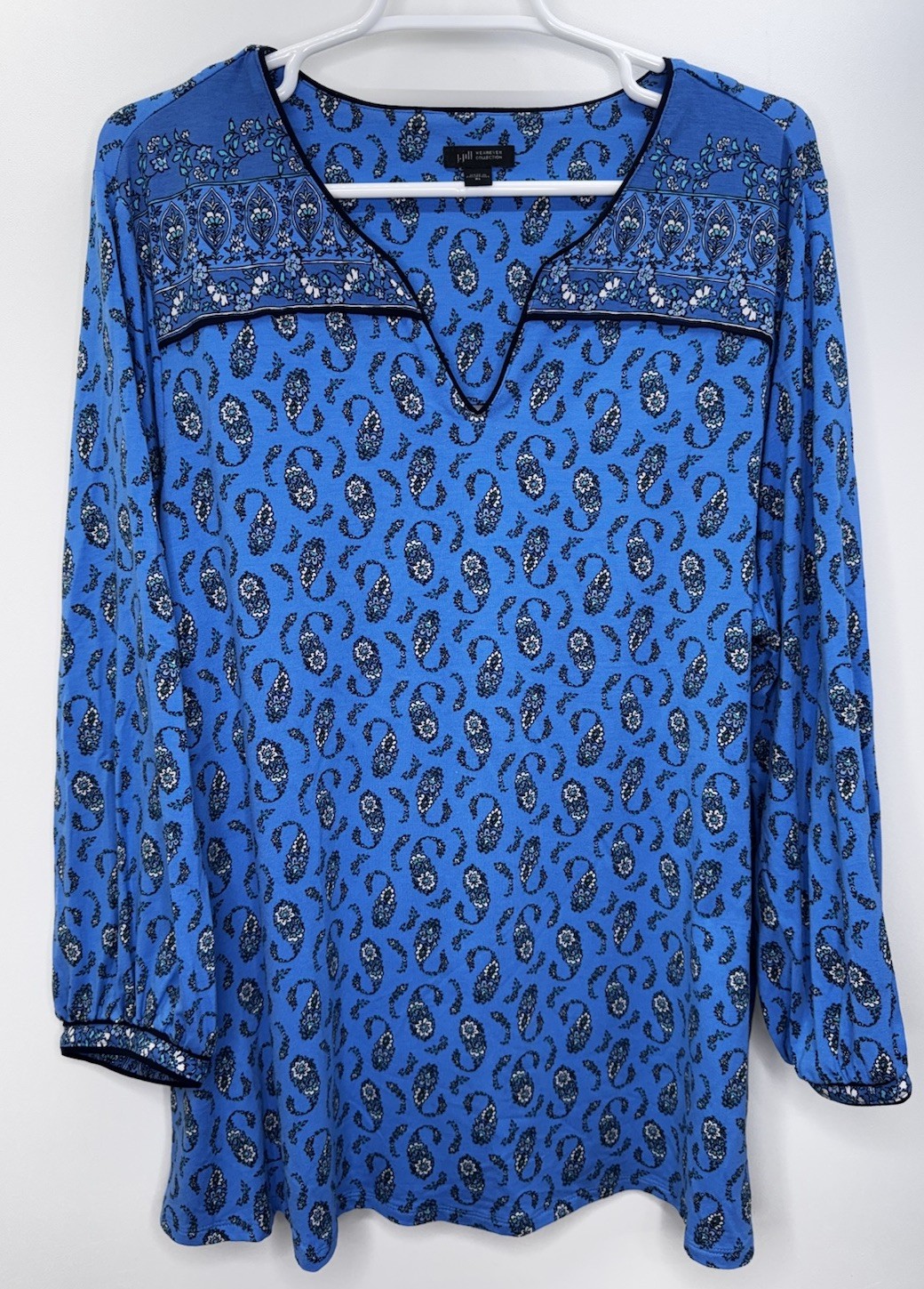 J Jill Wearever Collection Blue Black Paisley Tunic Pullover Balloon Sleeve XL