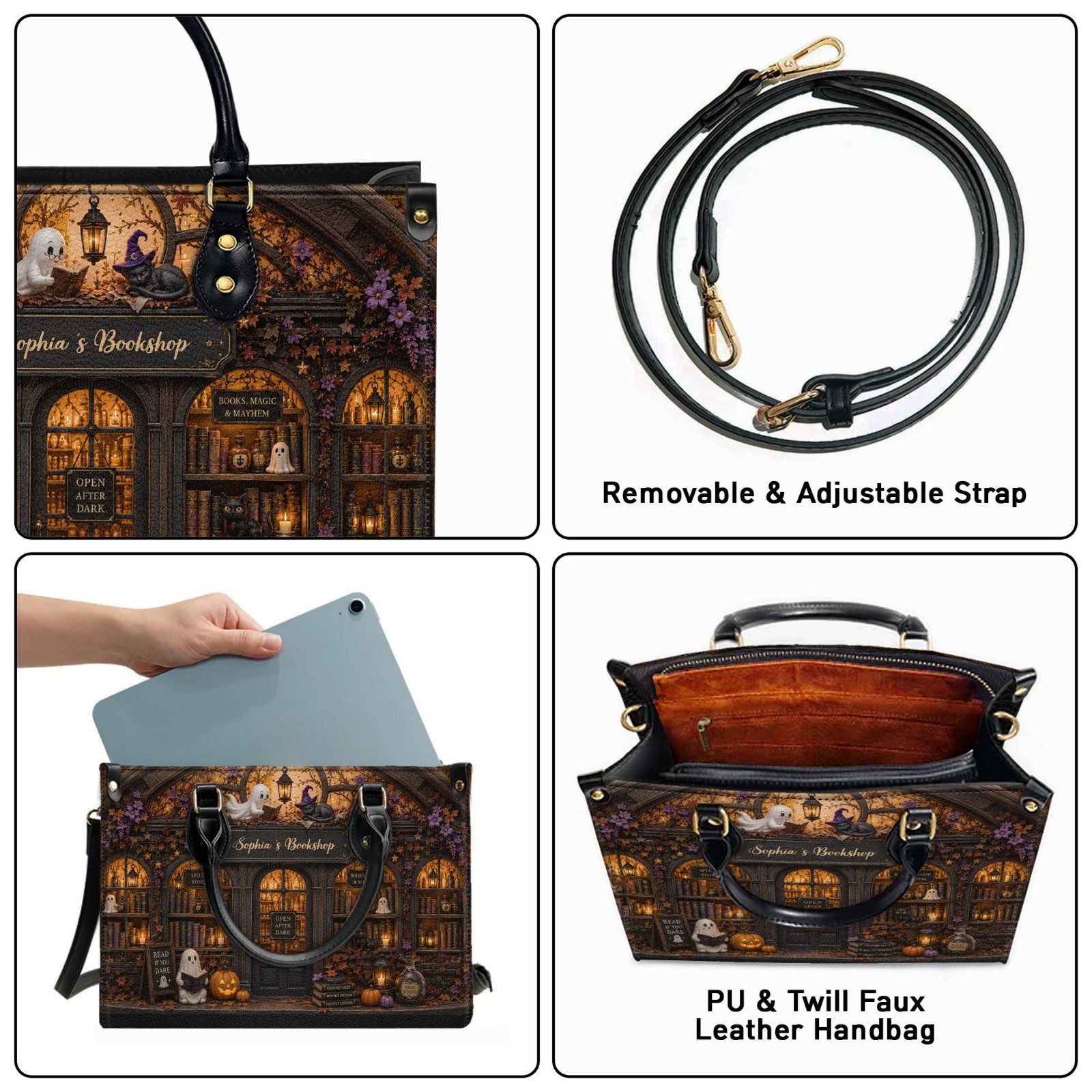 Personalized Halloween Bookshop Leather Handbag, Custom Name Ghost and Black Cat