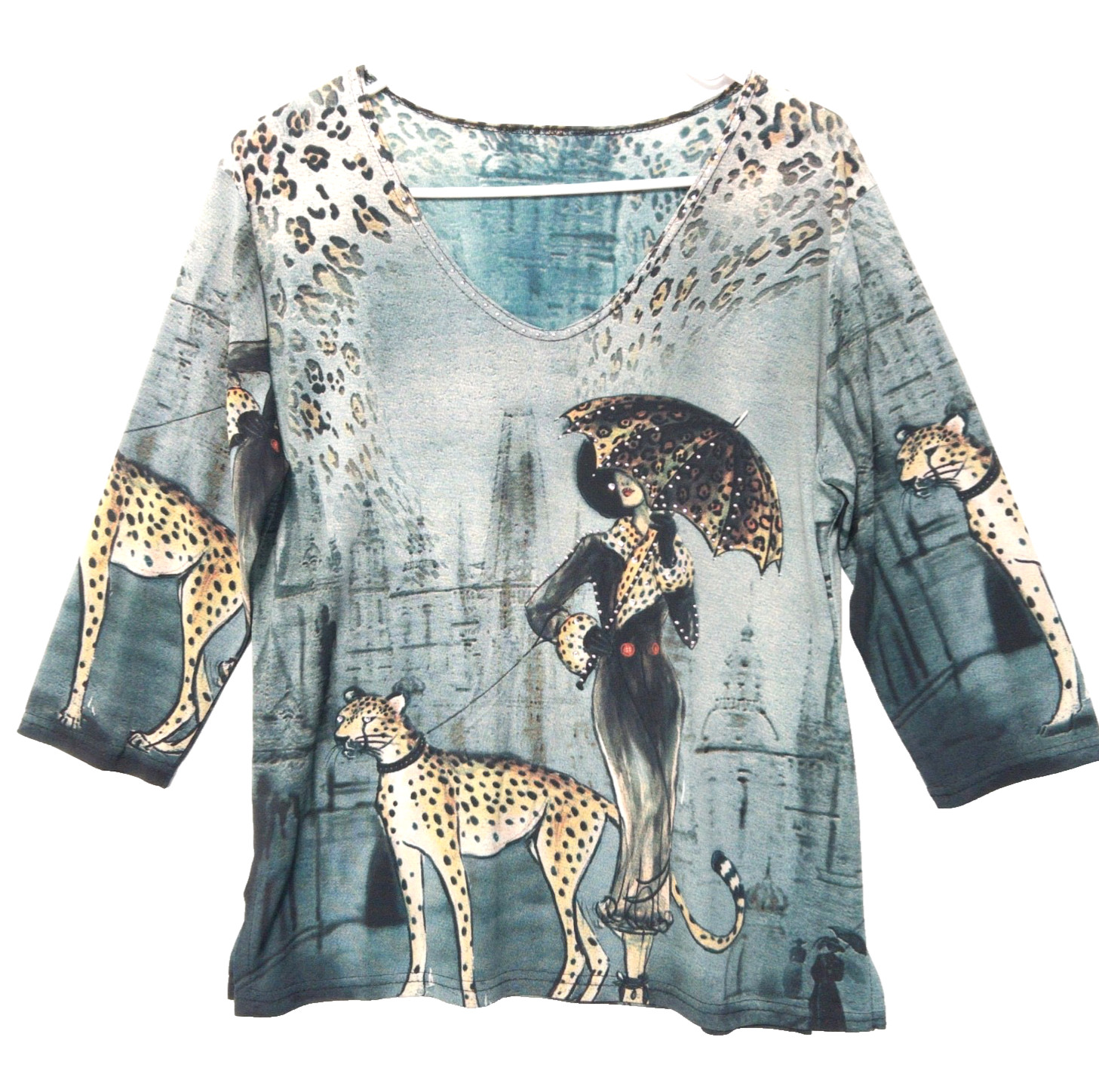 Valentina Rhinestone Catwalk Graphic Cheetah Top Artsy Art To Wear Womens L Vtg