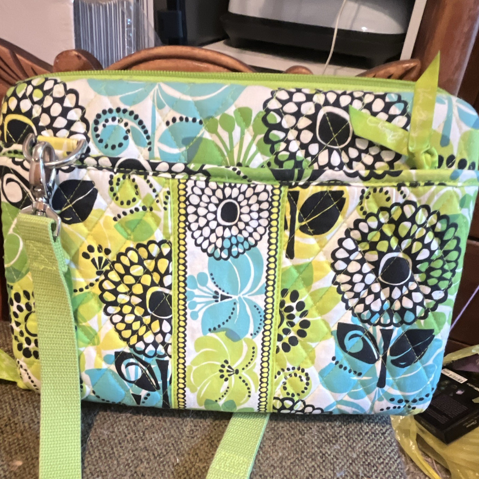 Vera Bradley Green Blue Floral Quilted Crossbody Bag Zip Detachable Strap