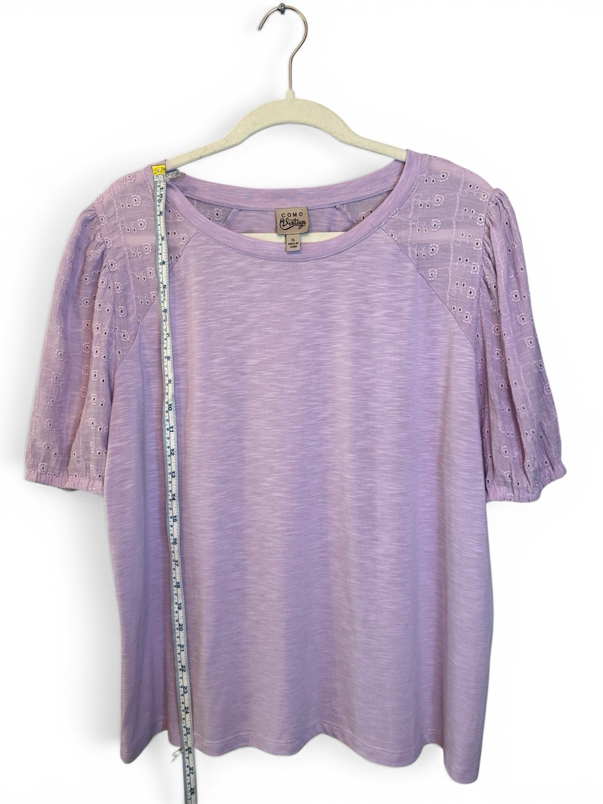 Como Vintage Lilac Eyelet Puff Sleeve T-Shirt Women’s XL Embroidered Top