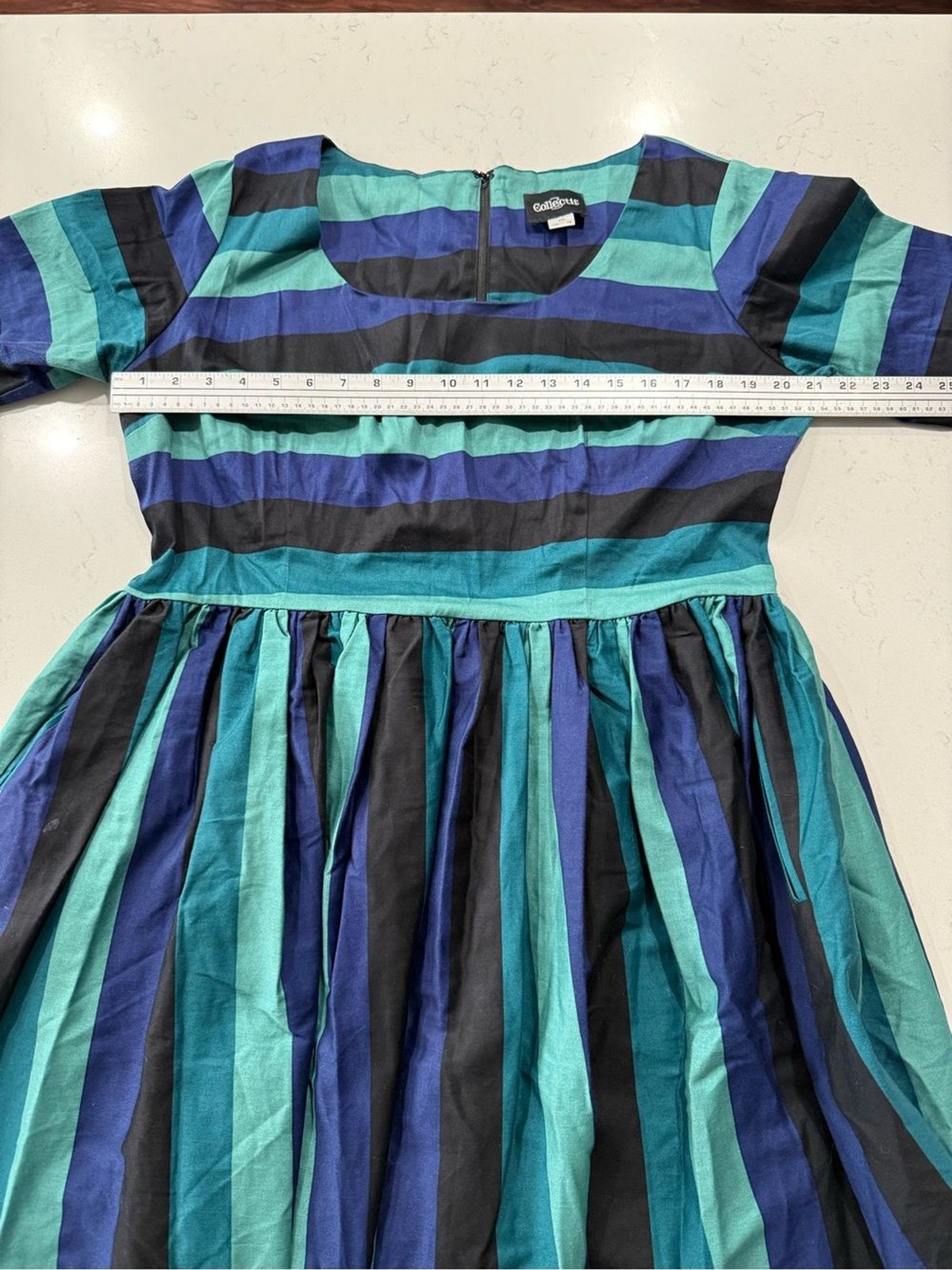 Collectif Teal, Navy & Black Striped Fit & Flare Dress. Size XL