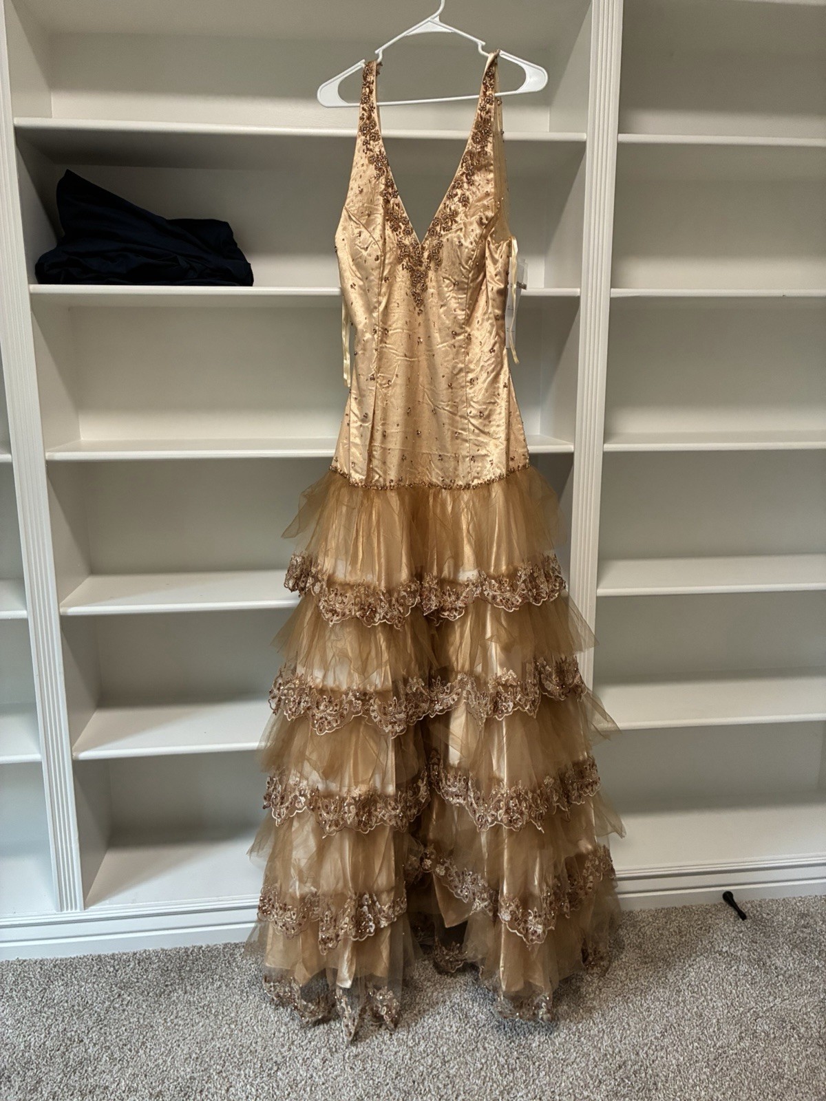 Do You Love Me? Gold Tan Beaded Halter V-Neck Formal Long Tulle Prom Gown 10