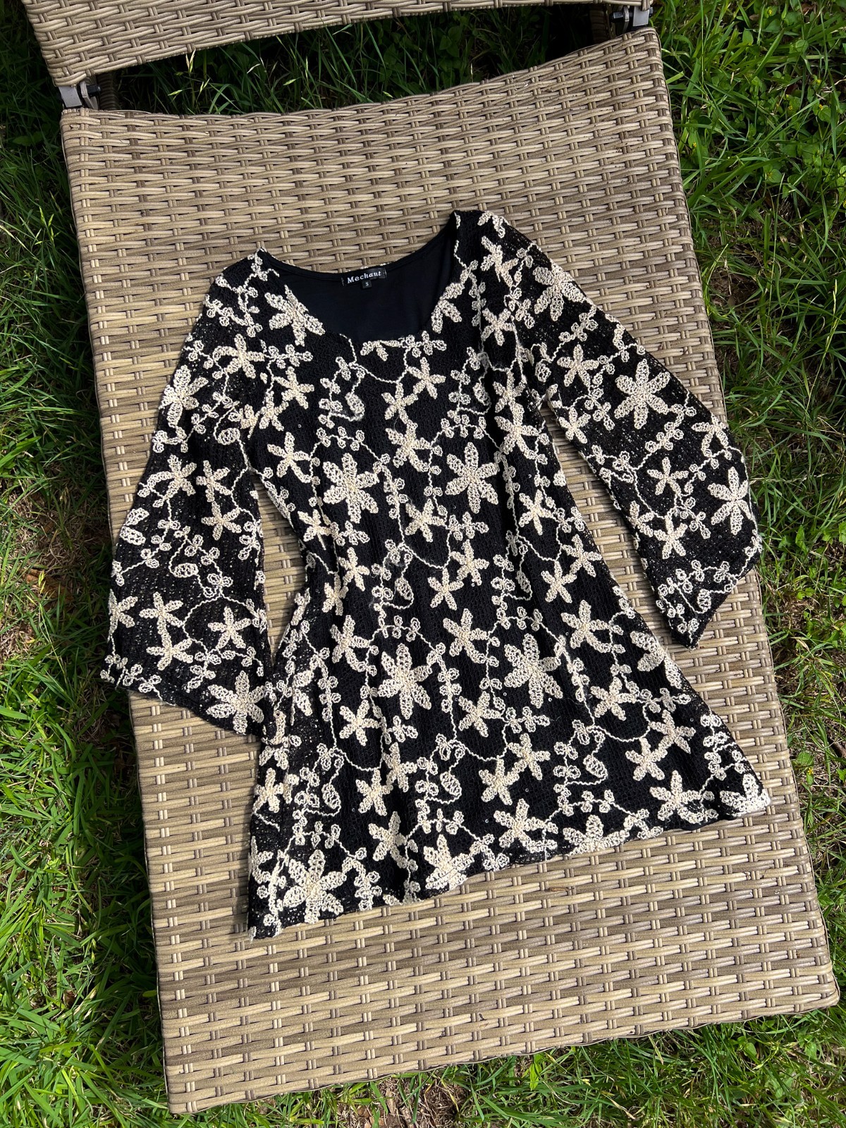 70s Inspired Flower Power Crochet Mini Fit-and-Flare Dress with Bell Sleeves