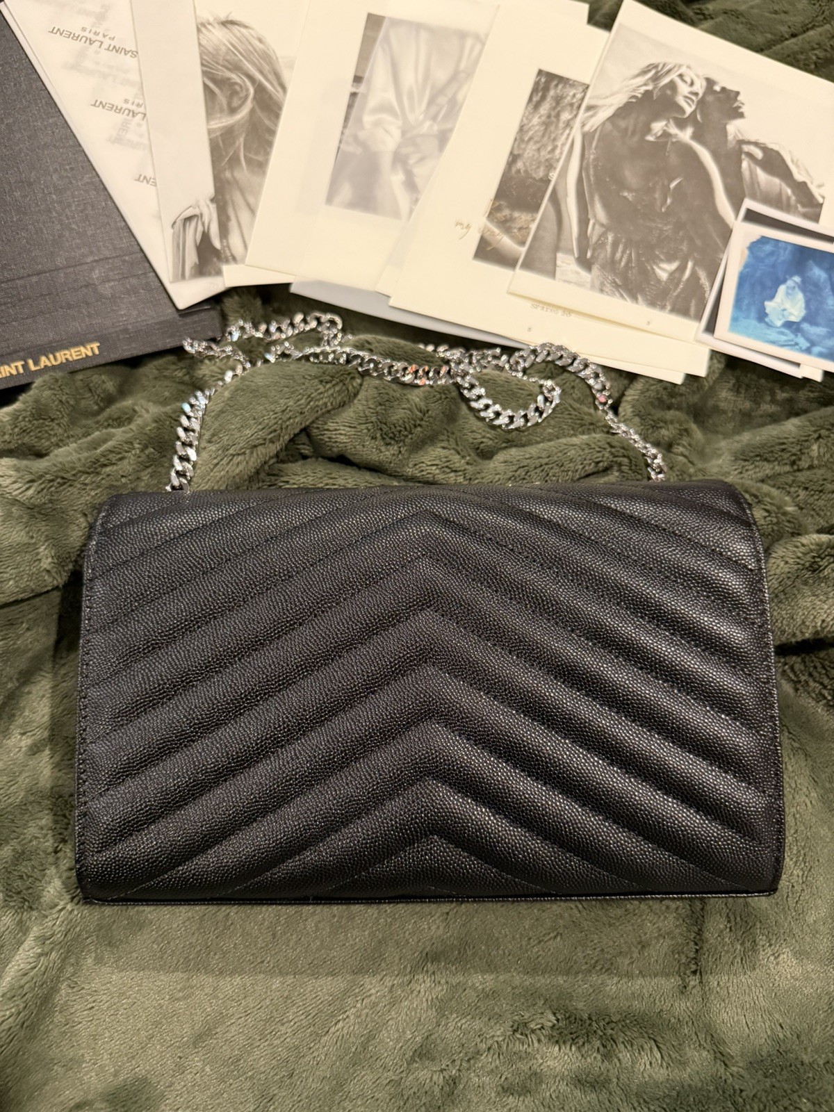 Saint Laurent Large Wallet On Chain Clutch Black Envelope Bag YSL Monogram
