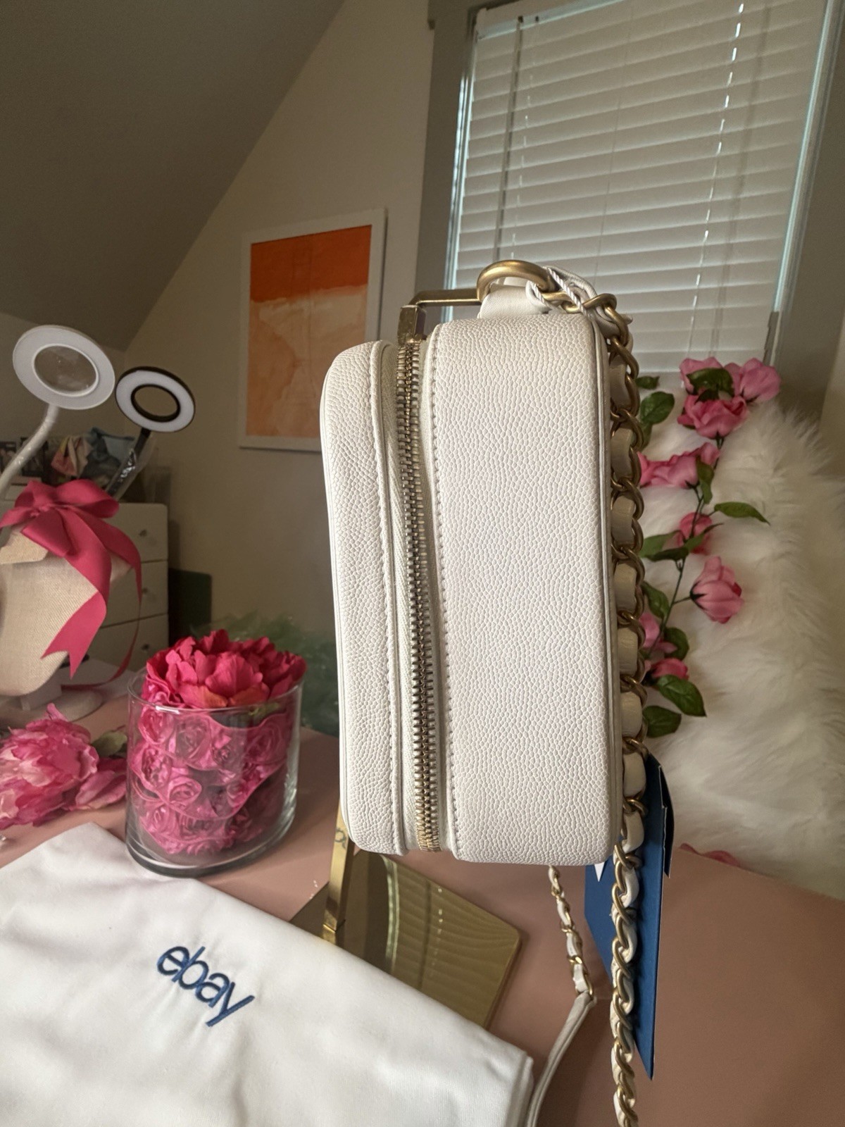 Authentic Chanel CC Filigree Vanity Case White Caviar Gold Hardware COA ICONIC