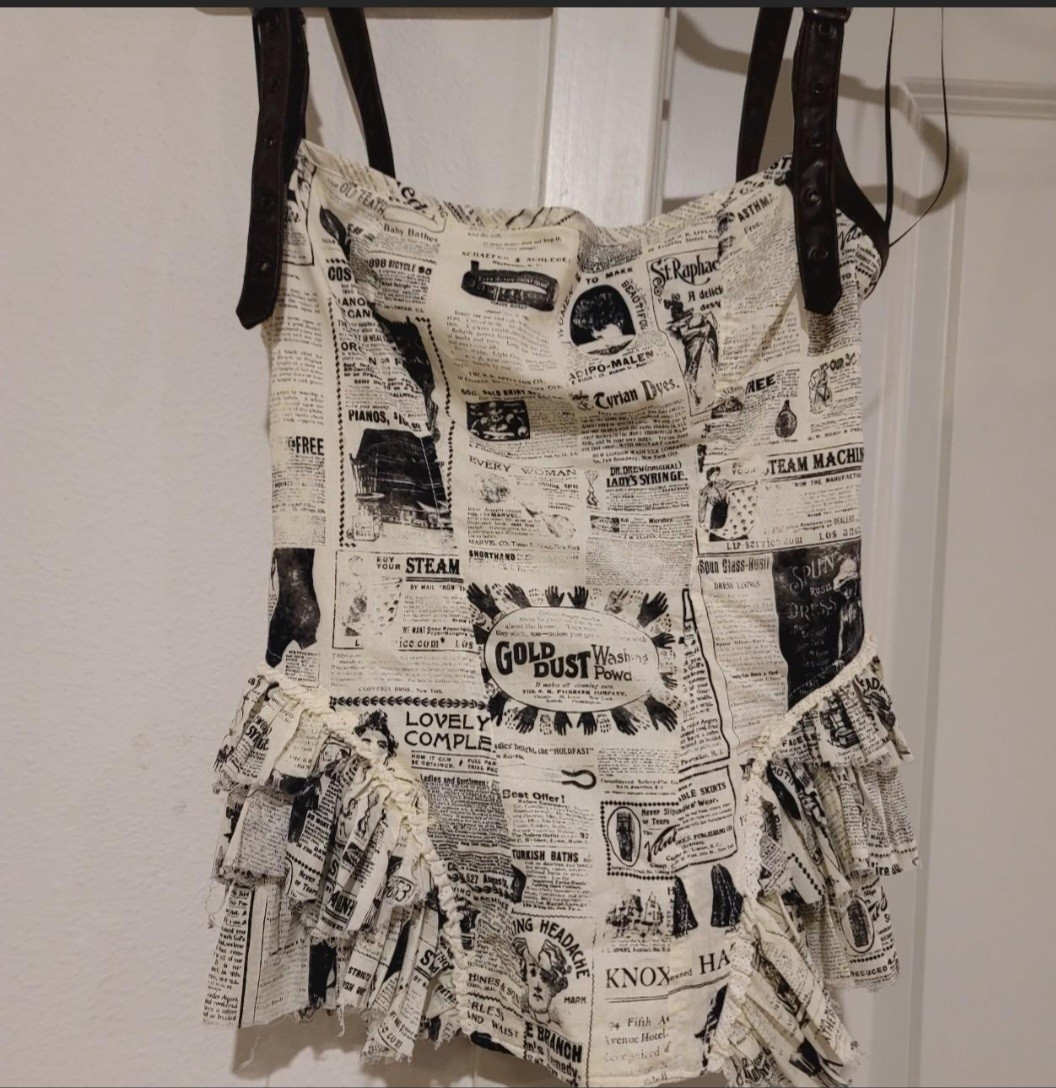 SUPA VINTAGE!!! LIP SERVICE 1985 Y2K newspaper print corset top with ruffles…