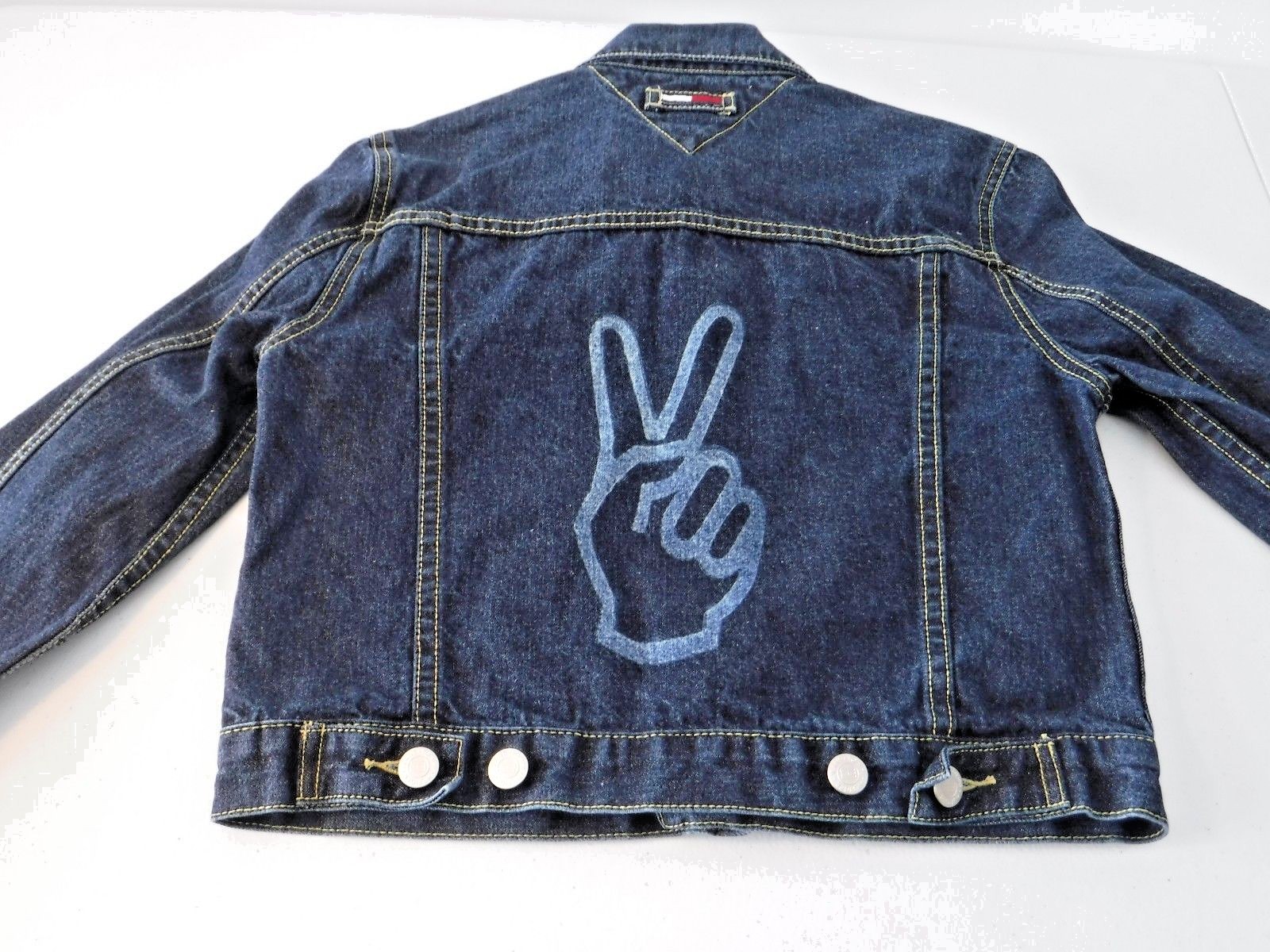 VINTAGE~TOMMY HILFIGER~Jean Jacket~Custom~PEACE HAND SIGN~Girls M~Hippie Art!