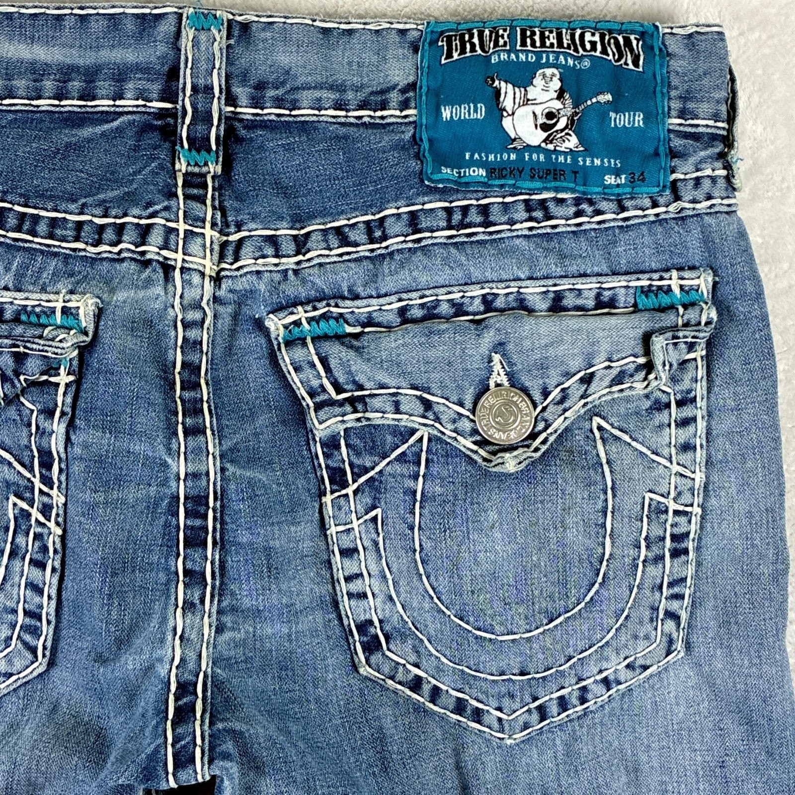 VTG True Religion Jean Men 36 Ricky Super T Faded Whiskered Thick Stitch Y2K USA