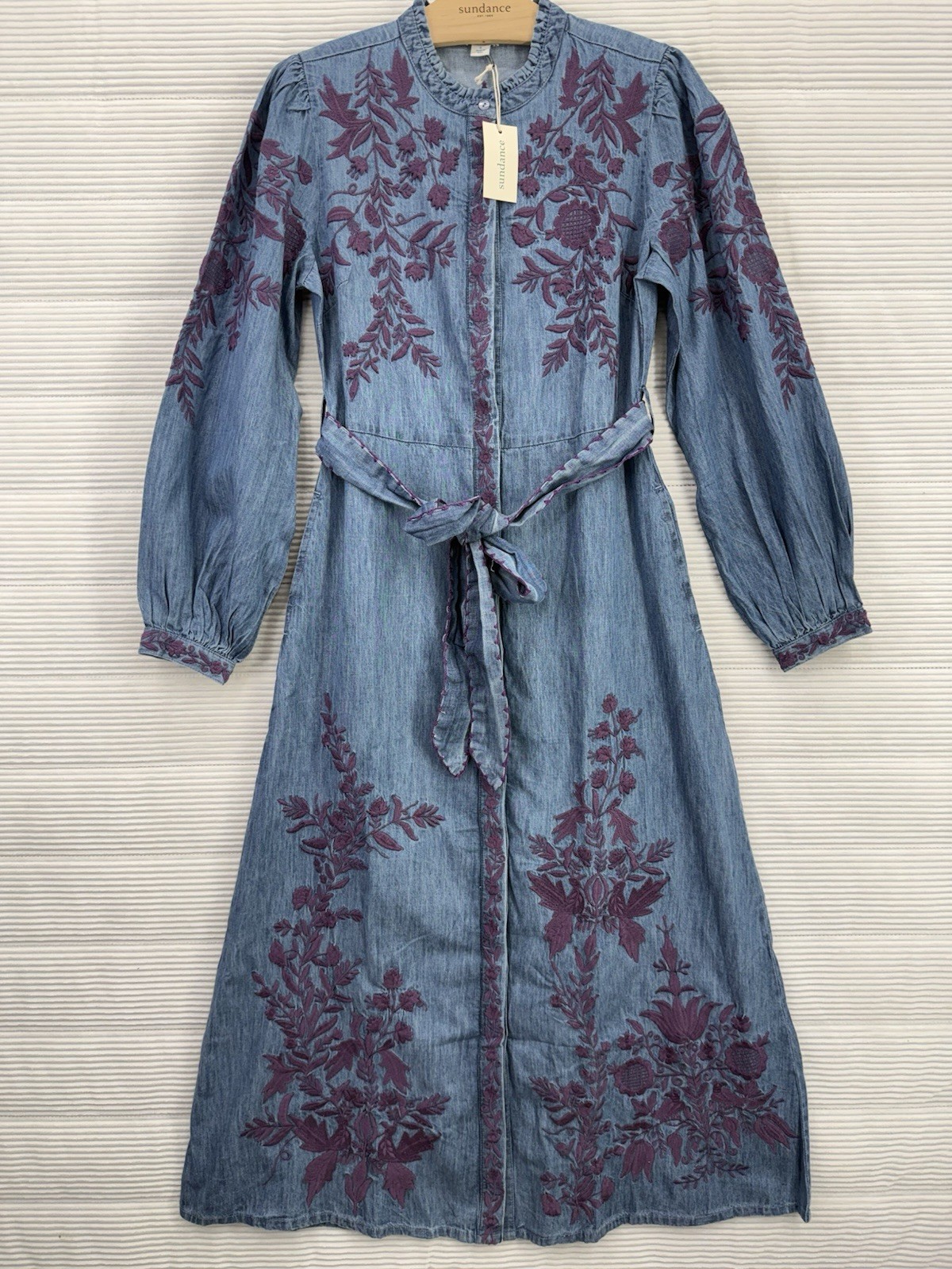 Sundance Catalog Jenny Mae Embroidered Denim Dress Belted Maxi Size S