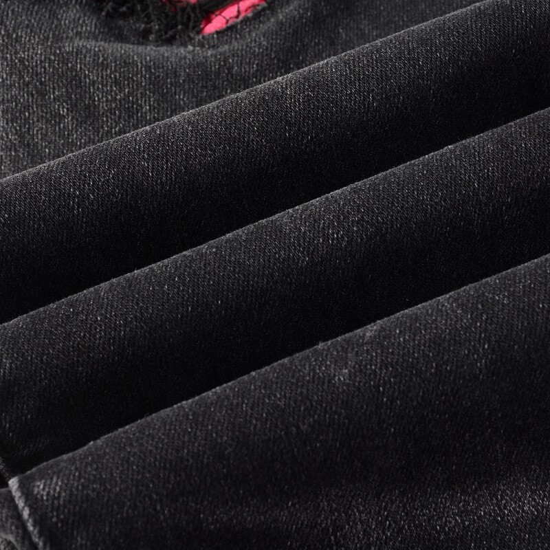 Men’s Black Skinny Stretch Jeans with Pink Patchwork Rips, Raw Hem, Button Waist