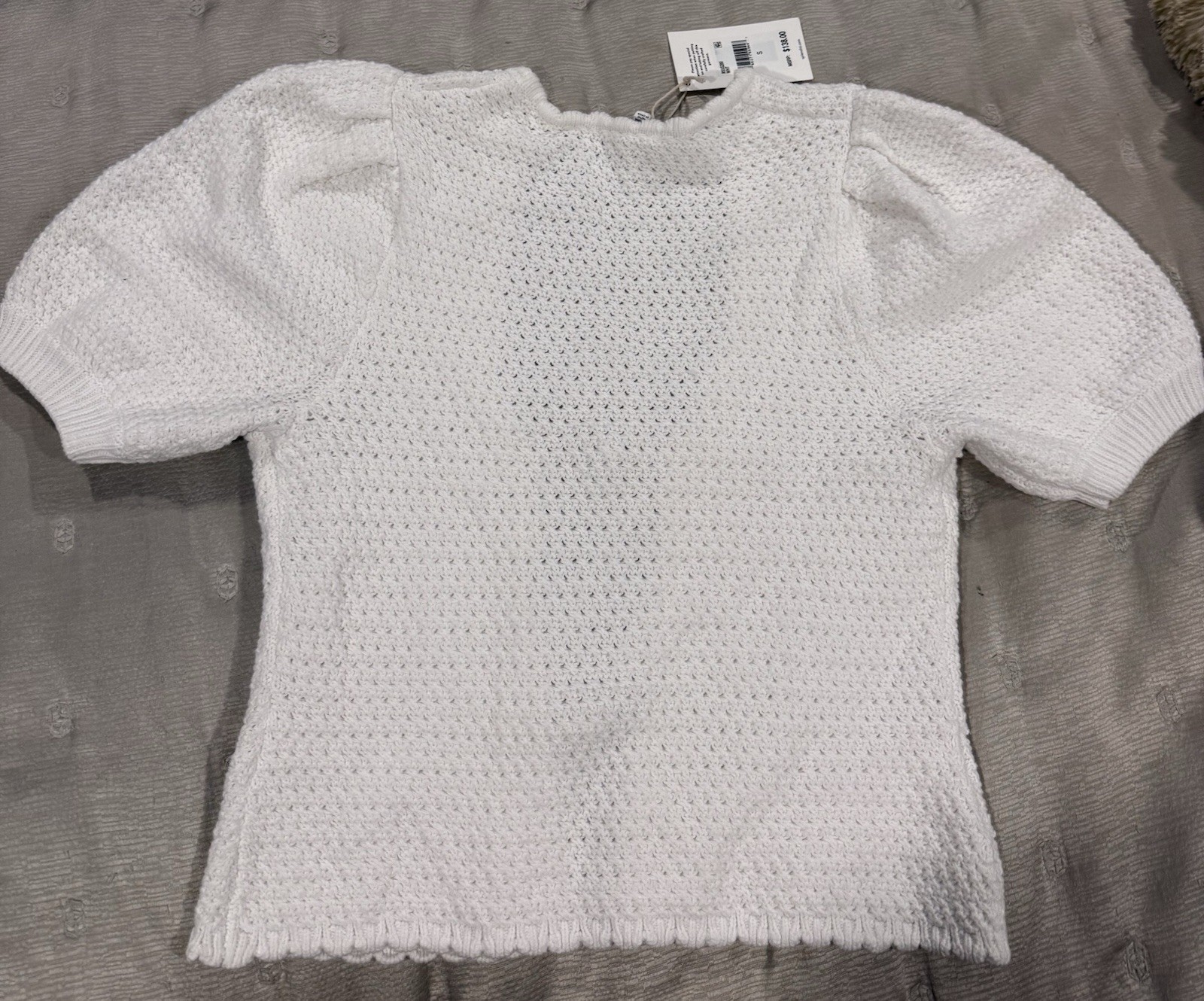 Splendid White Open-Knit Tie-Front Puff Sleeve V-Neck Cardigan Sweater S
