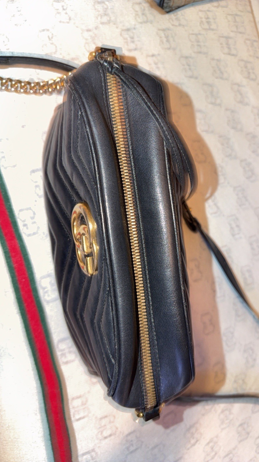 GUCCI GG Marmont Quilted Shoulder Bag Black Gold Hardware Adjustable Strap