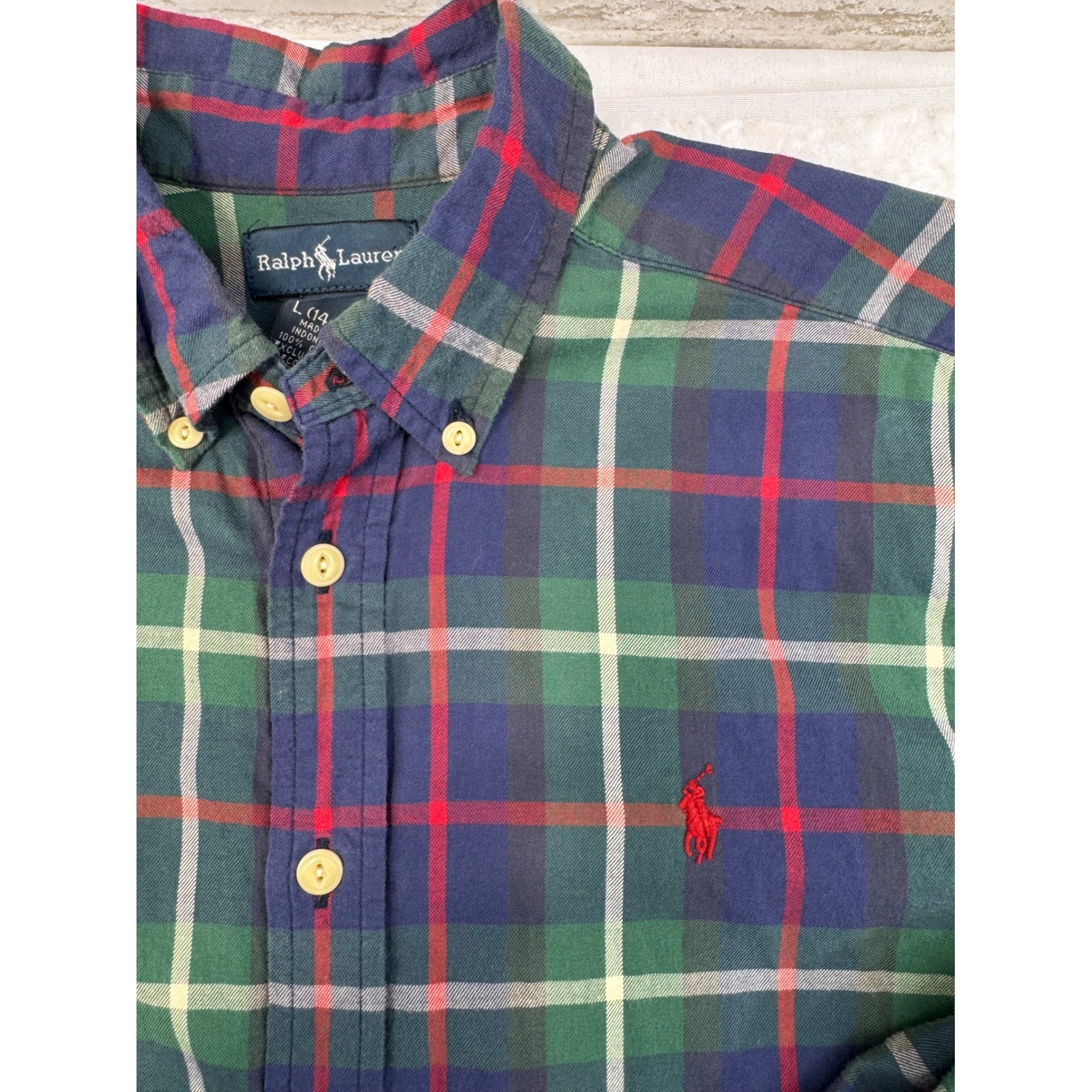 Ralph Lauren Plaid Button Down Shirt Boys Large 14-16 Embroidered Pony On Pocket