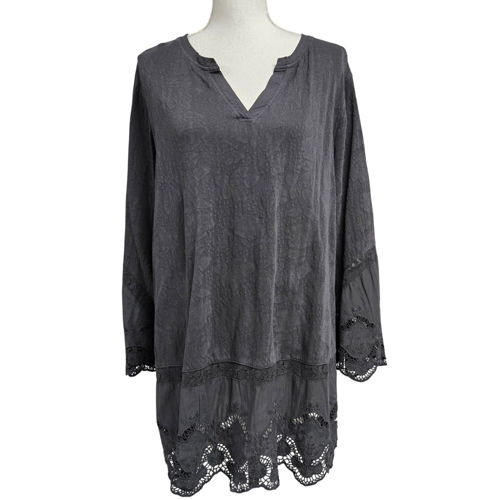 LOGO Lavish Lori Goldstein Gray Cotton Lace Eyelet Tunic Top Women’s Size 1X