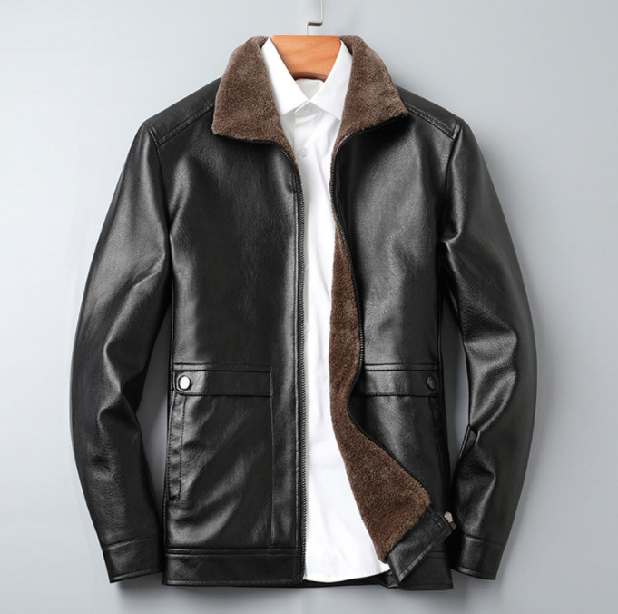 Winter Men’s Faux Leather Jacket Short Warm Fleece Coat Thick PU Outerwear Gift