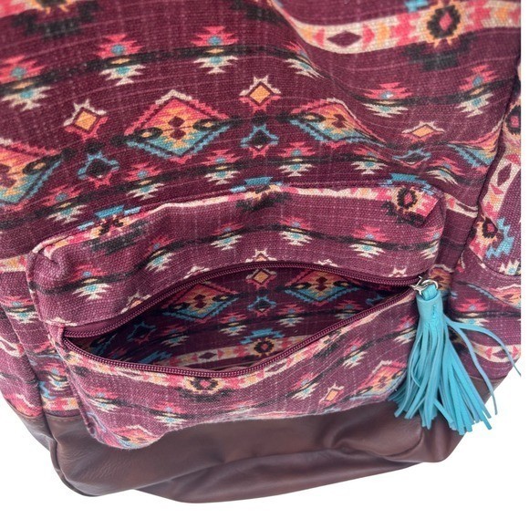 Southwestern Canvas Backpack Burgundy Brown Boho Multiple Pockets Medium