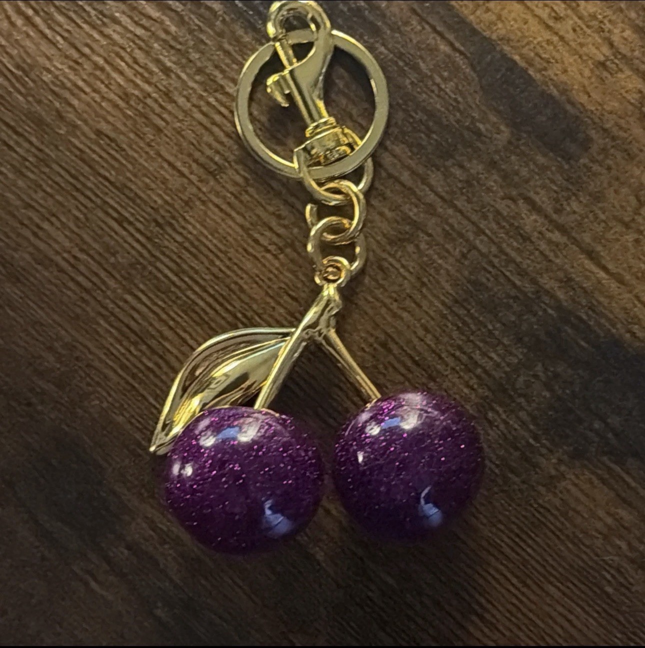 Purple Gold Glitter Cherry Key Chain Metal Resin Novelty for Women