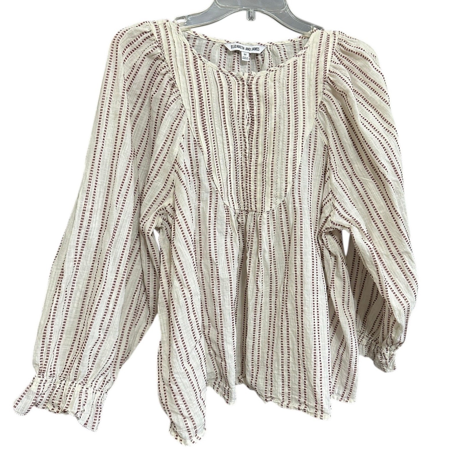 Elizabeth and James Red Ivory Pintuck Striped Cotton Gauze Boho Blouse Sz M