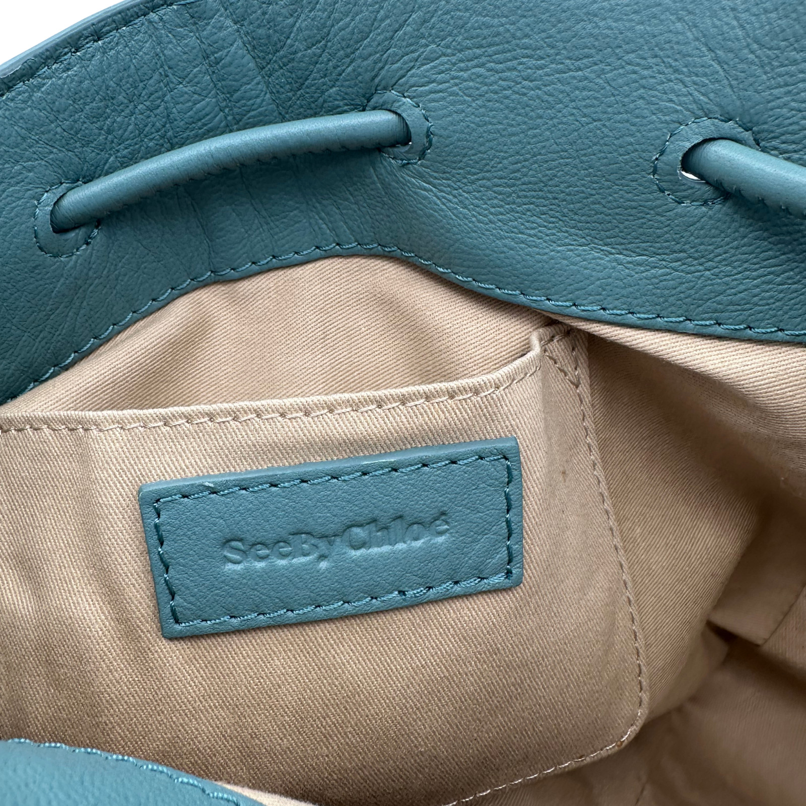 See By Chloe Tony Leather Shoulder Bucket Bag Teal Blue Gold Hardware
