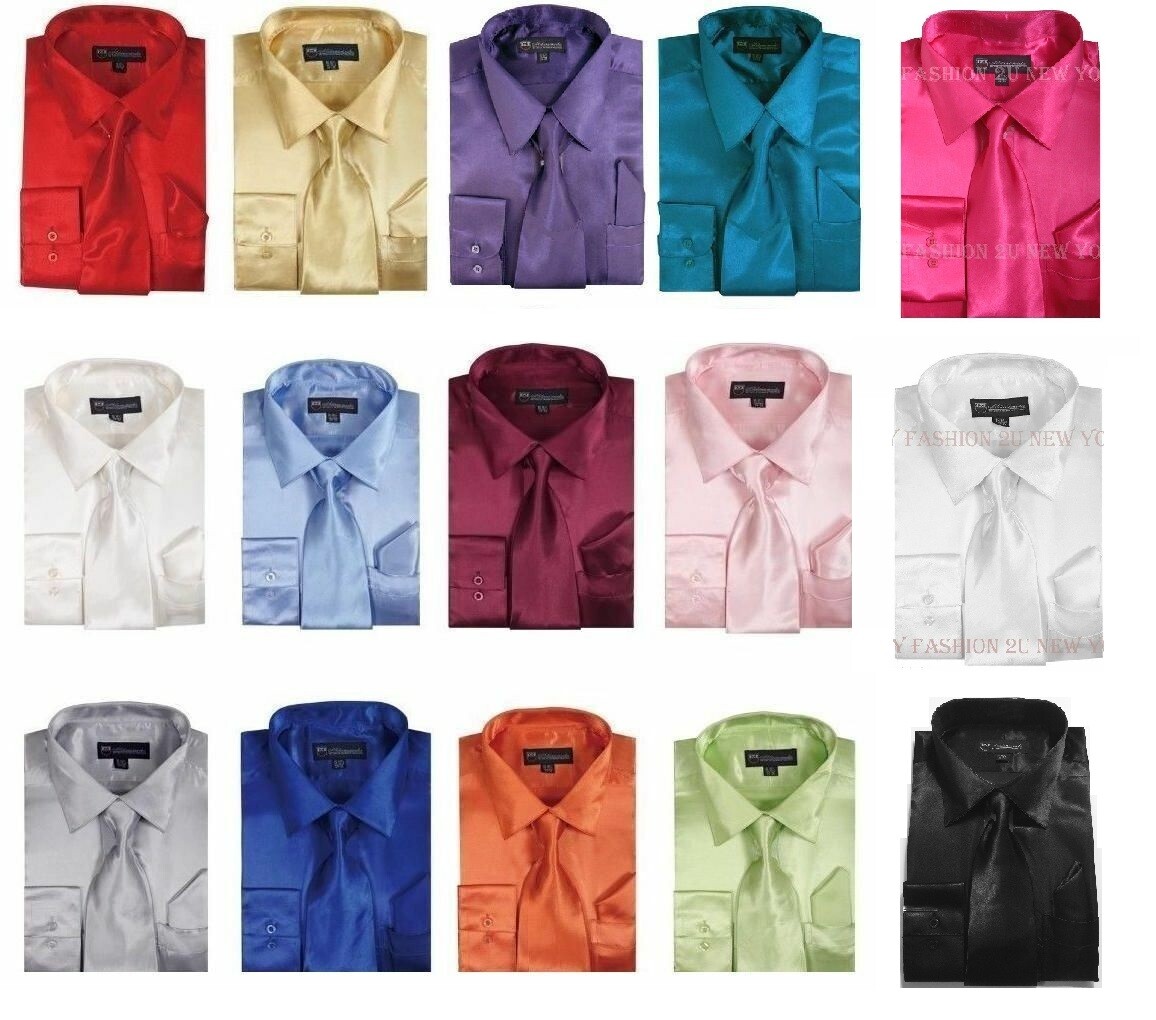 ** Men’s Shiny Satin Dress Shirt Set With Tie and Handkerchief SG08 SZ:15.5-20.5