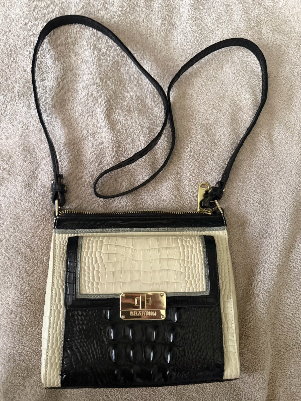 Brahmin Black/Ivory Embossed Animal Print Small Crossbody Zip Turn Lock Gold