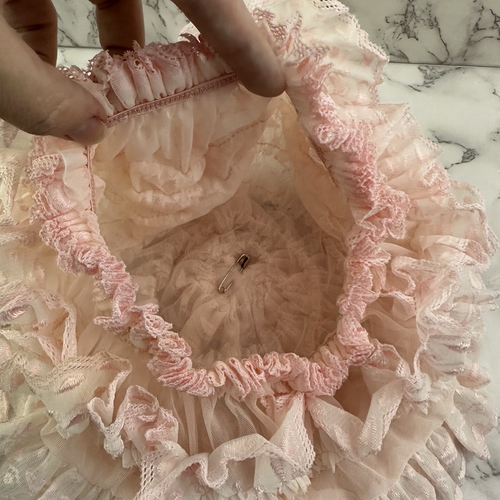 Vintage 60s Ruffle Bonnet Night Cap Hat One Size Pastel Pink Lace Frills