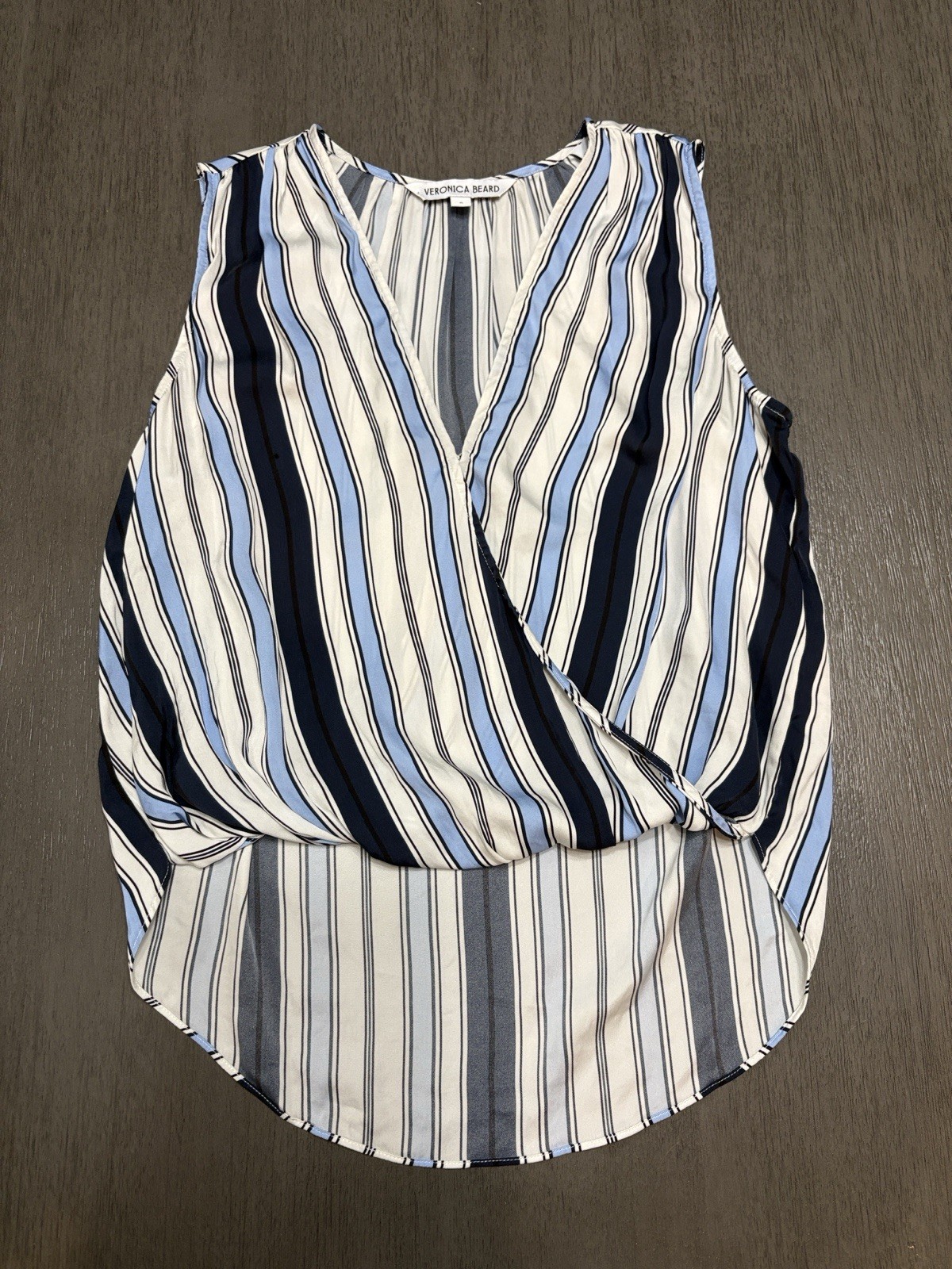 Veronica Beard Rahi Blue Stripe Quiet Luxury Silk Blend Sleeveless Designer Top
