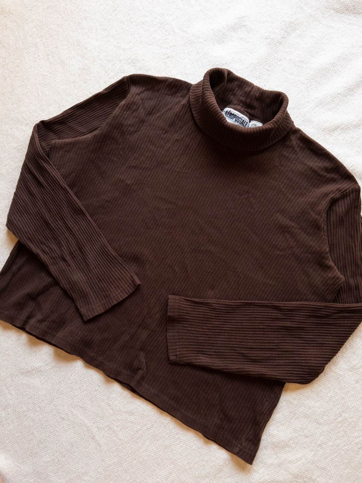 Vintage 90s Aeropostale Women Large Turtleneck Shirt Chocolate Brown Ribbed 100%