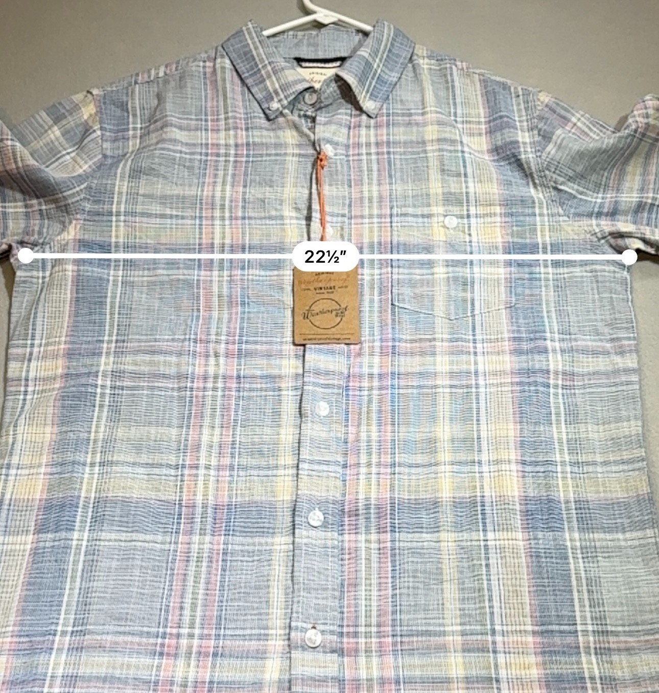 Weatherproof Vintage Mens Plaid Button Down Shirt Short Sleeve Blue Cotton