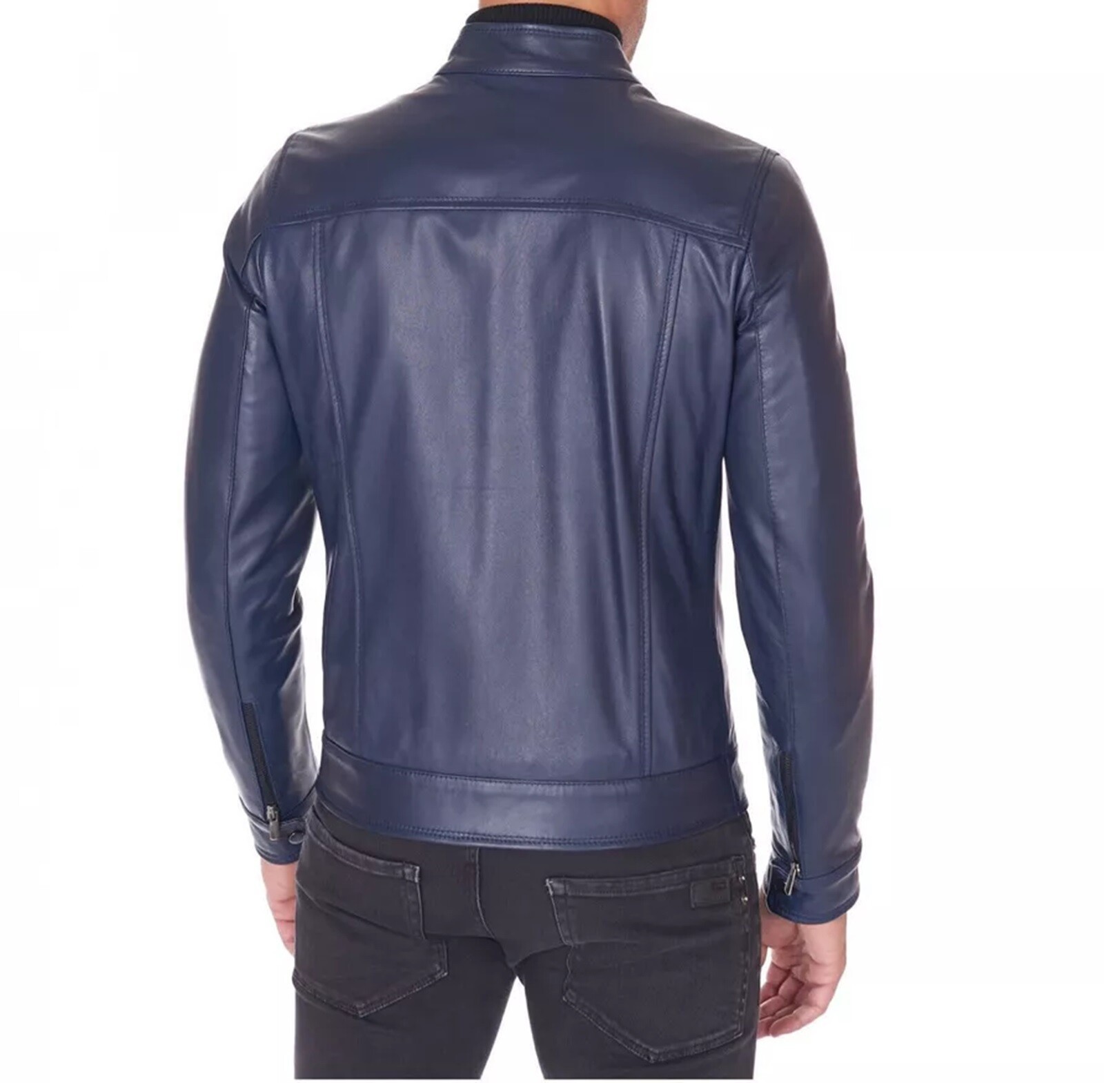 Men’s Navy Blue Leather Jacket 100% Real Lambskin Bomber Biker Motorcycle Jacket