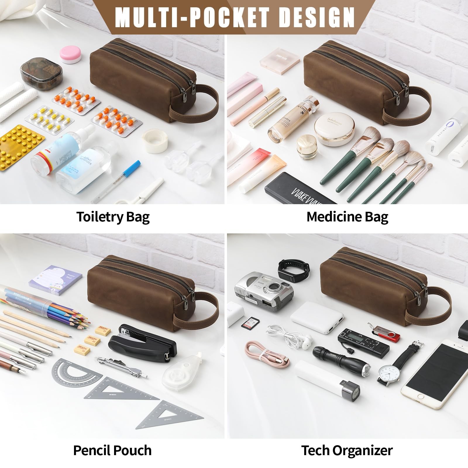 Ringsun Genuine Leather Makeup Bag, Portable 7.8in x 3in x 2.6in, Coffee