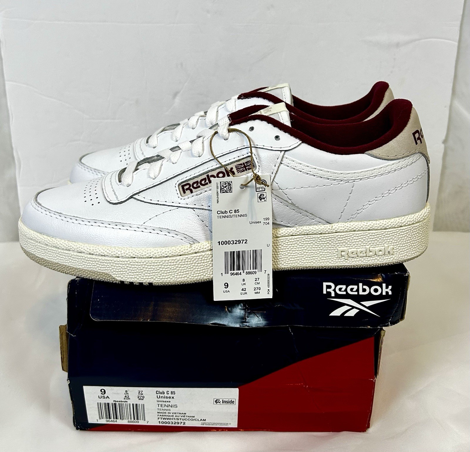 NEW Reebok Club C 85 White Classic Maroon Leather Sneakers / mens Size 9