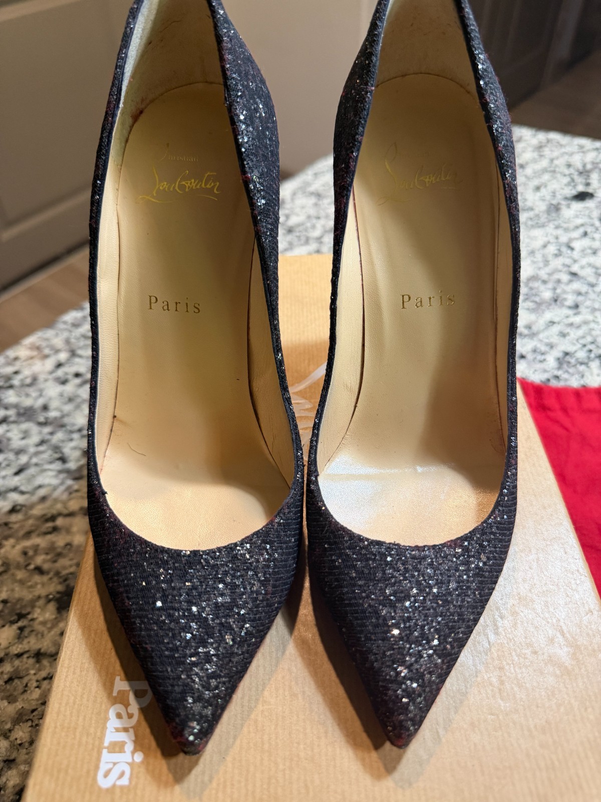 Authentic-Christian Louboutin Pigalle Follies 100 Glitter Black Pumps Size 37.5