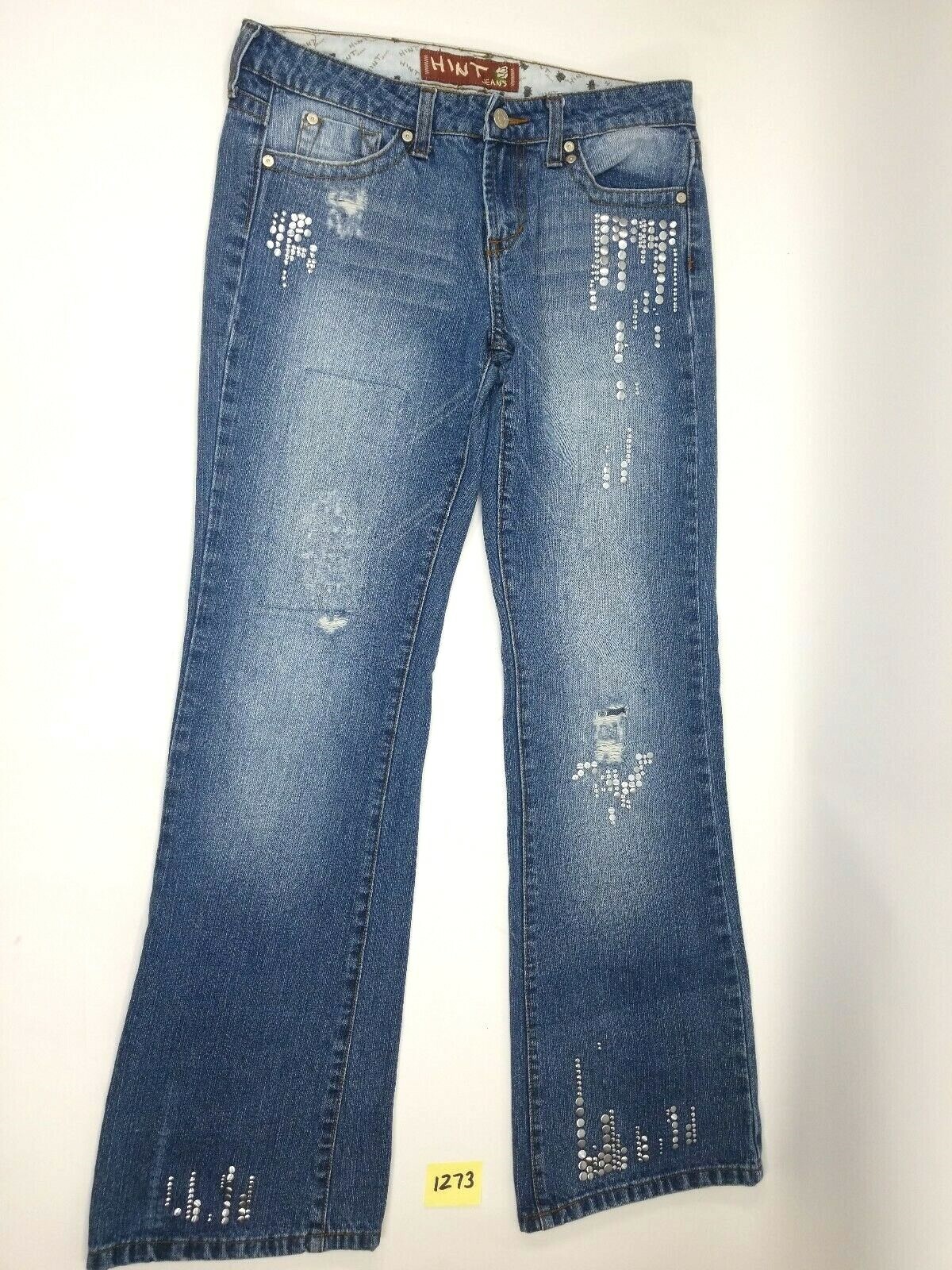 Hint Jeans Womens sz 9 Embellished Distressed Bootcut Medium Wash Denim (30×32)