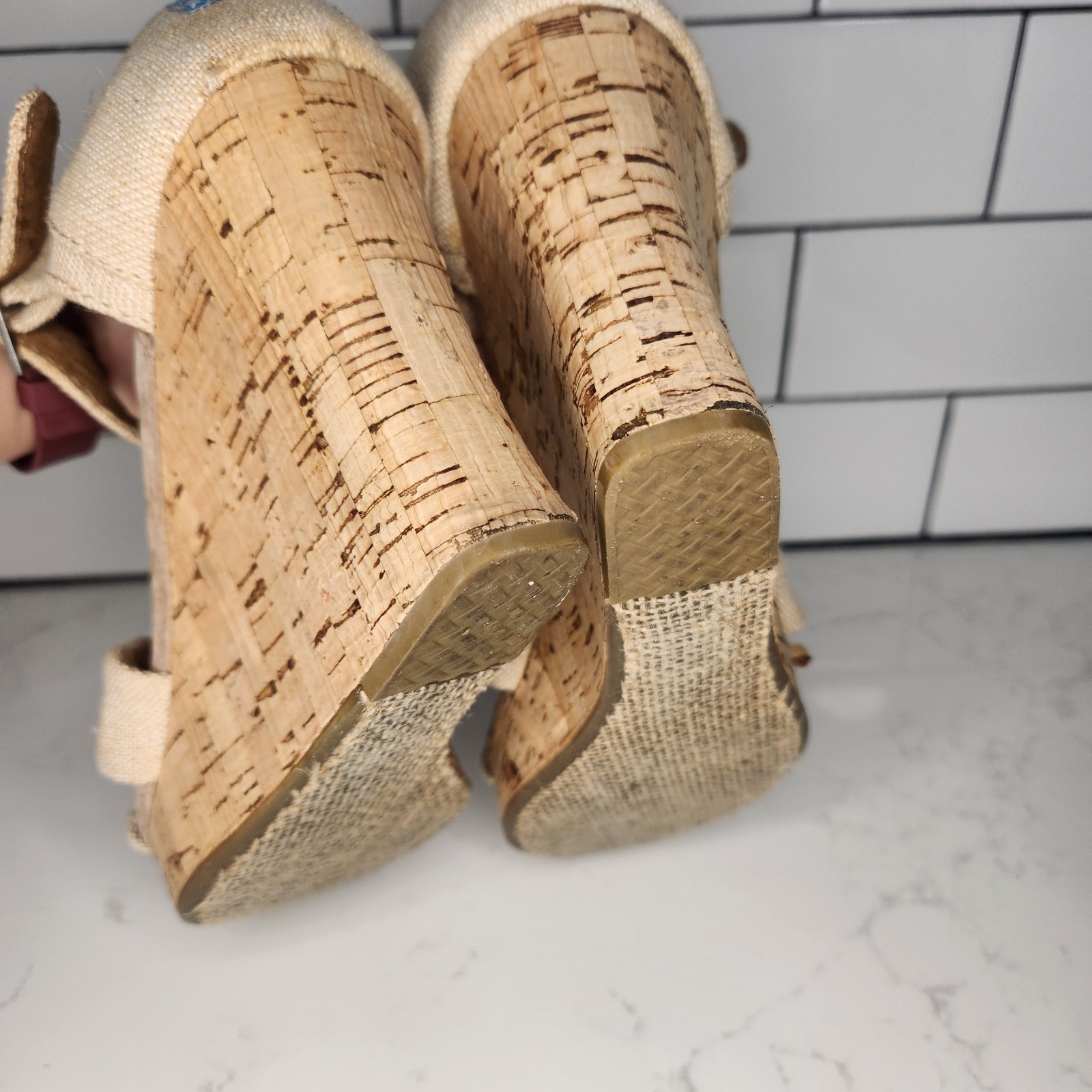 Toms Wedge TAN Cork Canvas Ankle Strap Buckle Sandal Sexy Neutral Core Size 9.5