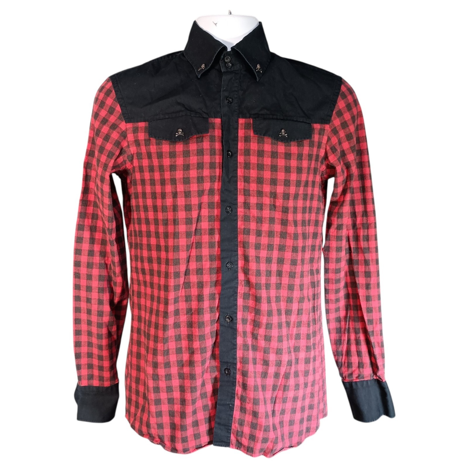 PHILIPP PLEIN Skull Metal Logo Checked Diamond Cut Shirt Red Black Mens Small
