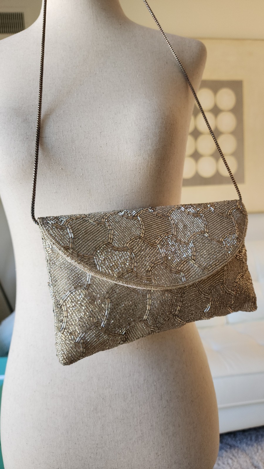 VTG – WALBORG Silver Glass Beaded Evening Purse Scalloped Mosaic w/ Original Box