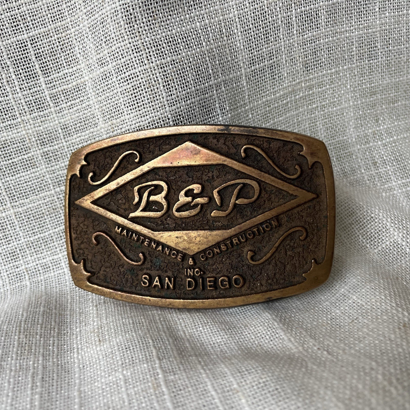 1980s Solid Bronze Belt Buckle – B&P Construction, San Diego California