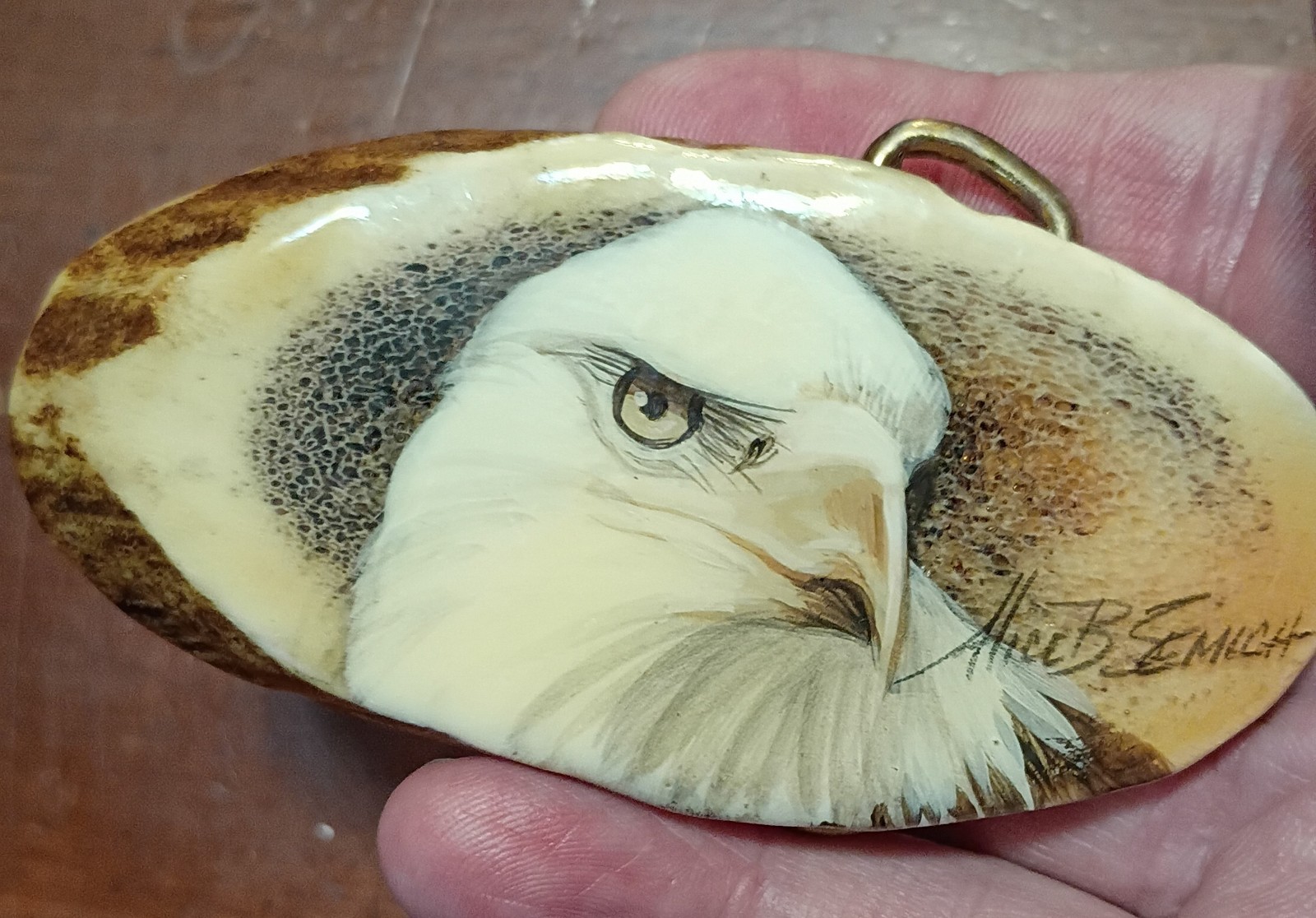VINTAGE ANTLER BELT BUCKLE BALD EAGLE PAINTING USA ALICE B SEMICH NOS NICE!
