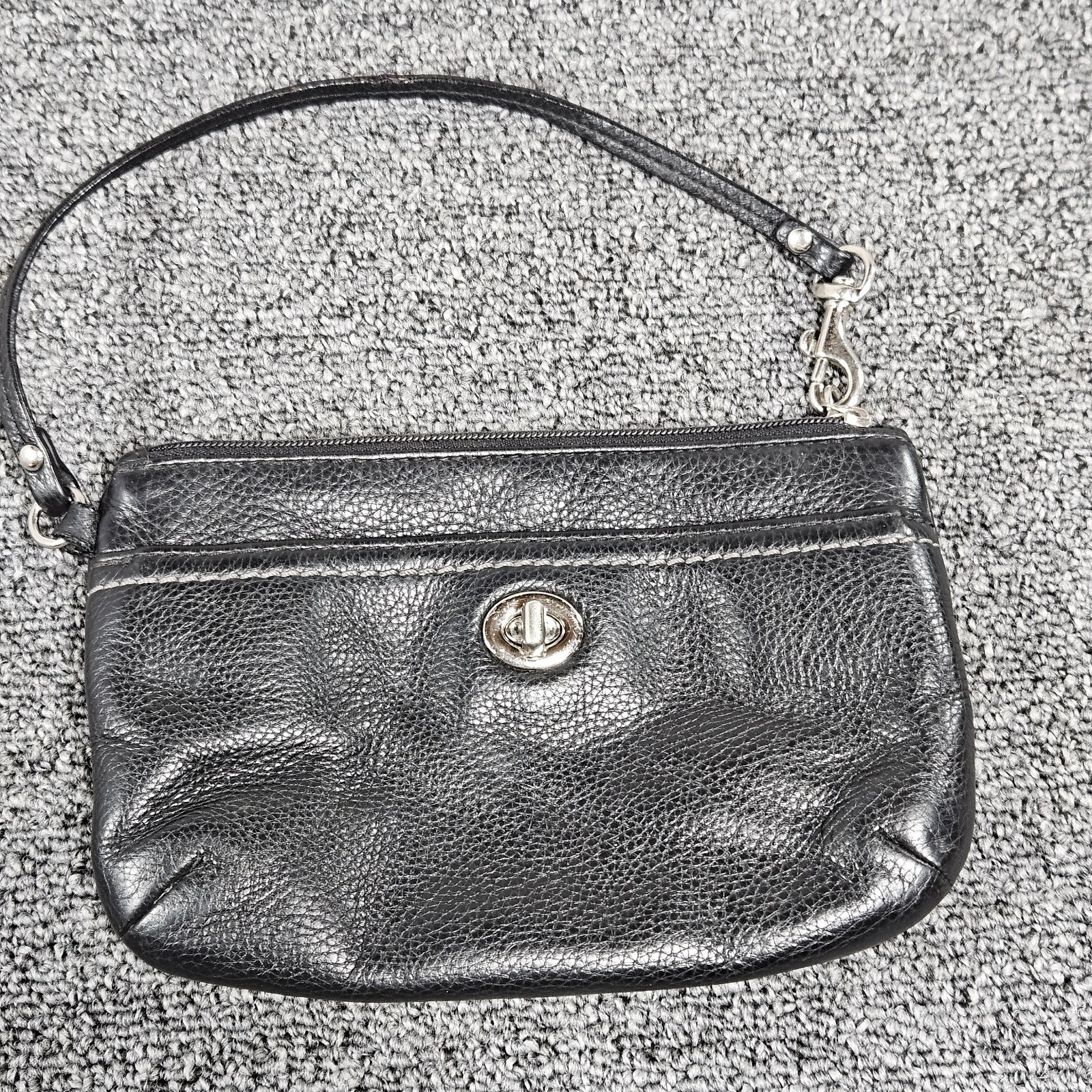 Black Pebbled Leather Turnlock Wristlet Zip Top Clutch Bag with Teal Lining